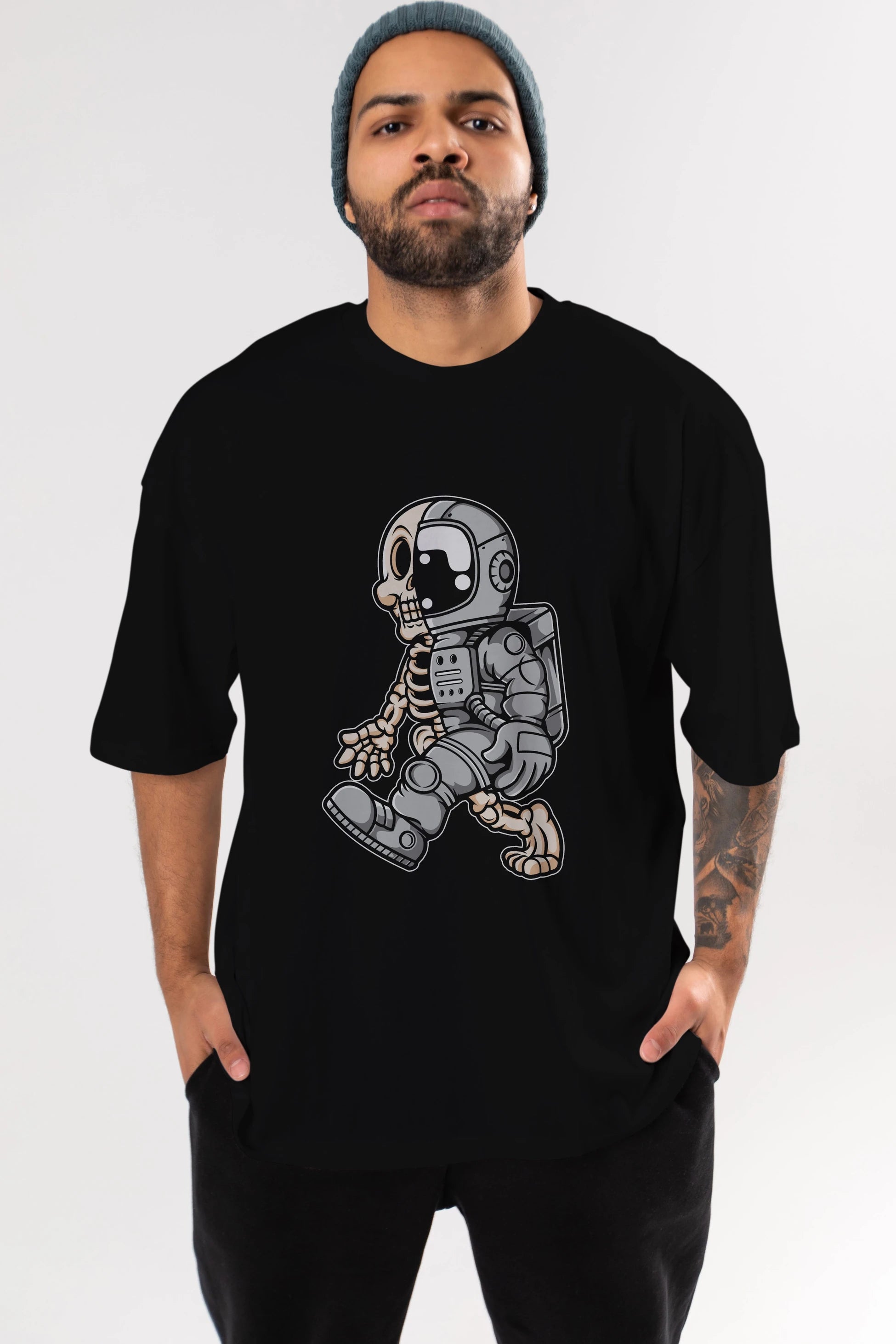 Astronaut Half Skull Ön Baskılı Oversize t-shirt Erkek Kadın Unisex