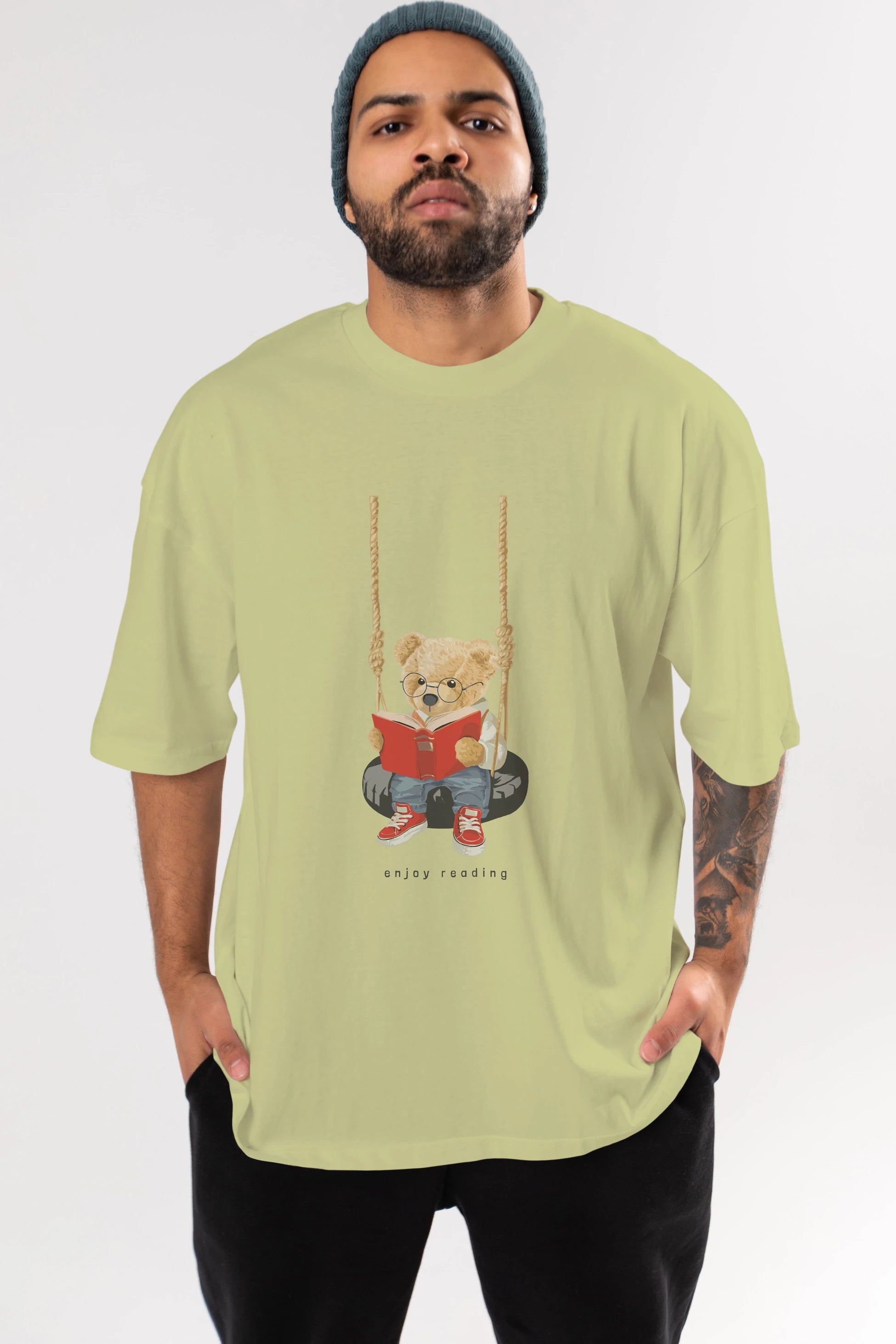 Teddy Bear Enjoy Reading Ön Baskılı Oversize t-shirt Erkek Kadın Unisex %100 Pamuk