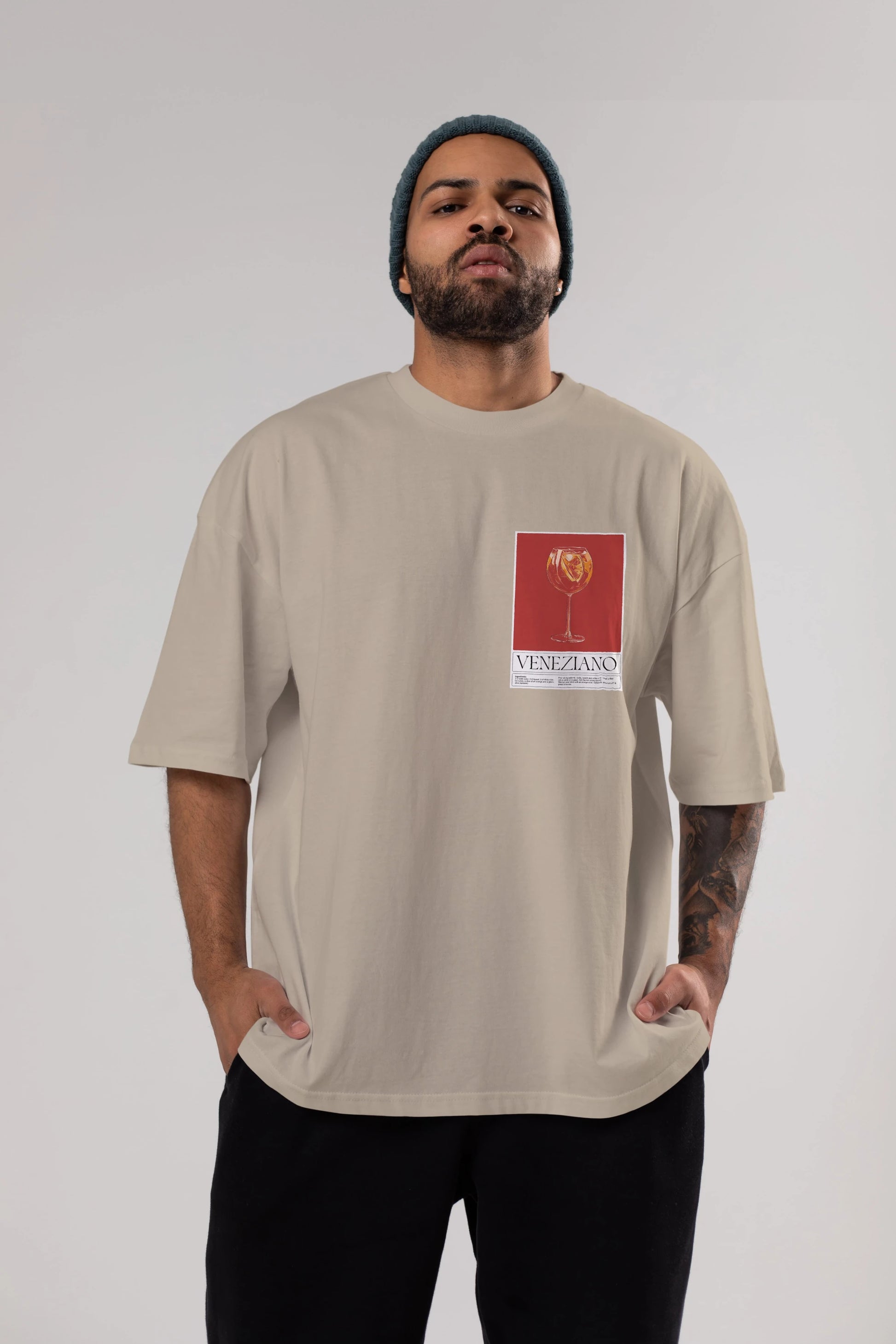 Veneziano Ön Sol Baskılı Oversize t-shirt Erkek Kadın Unisex %100 Pamuk Bisiklet Yaka tişort