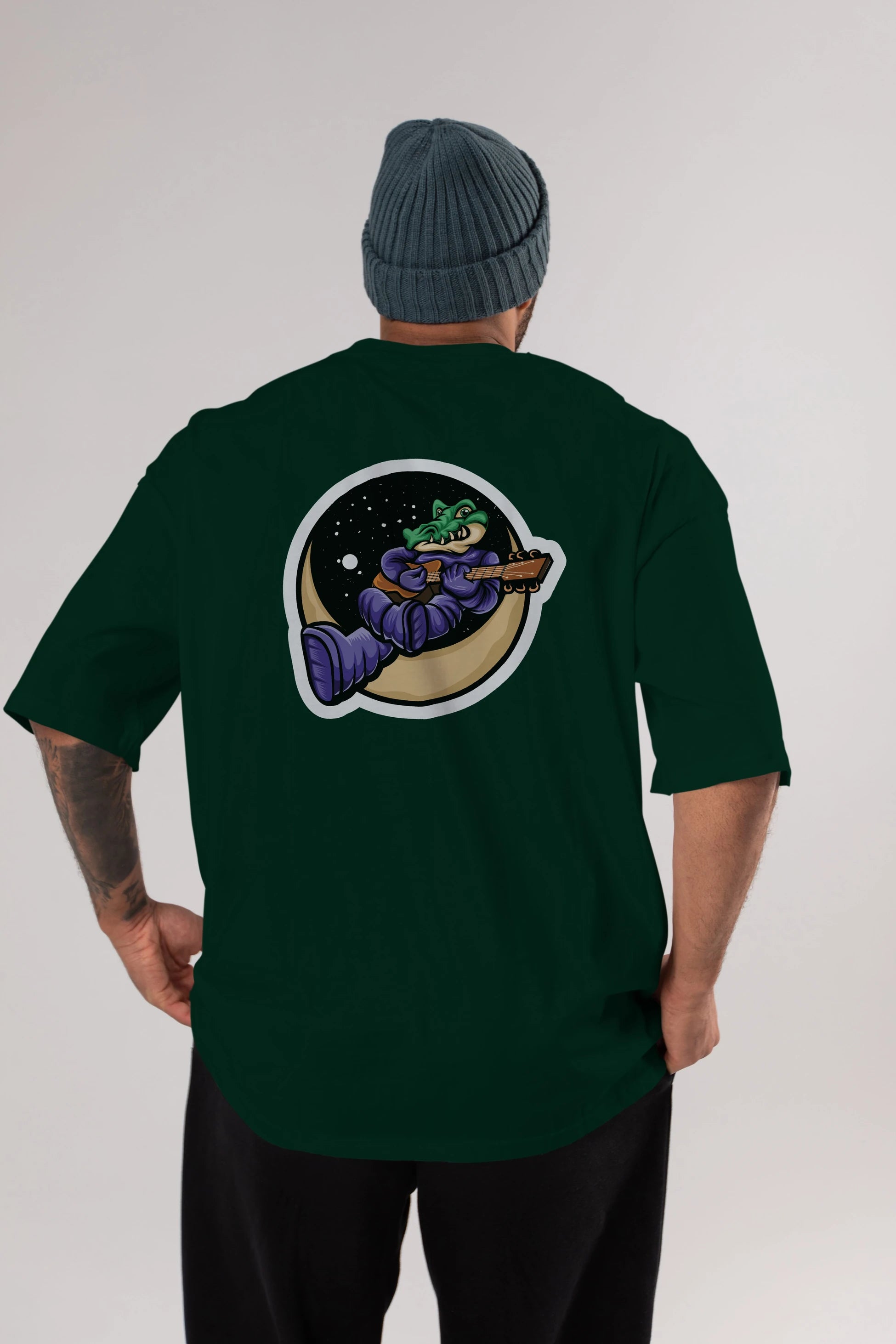 Space Crocodile Sticker Arka Baskılı Oversize t-shirt Erkek Kadın Unisex