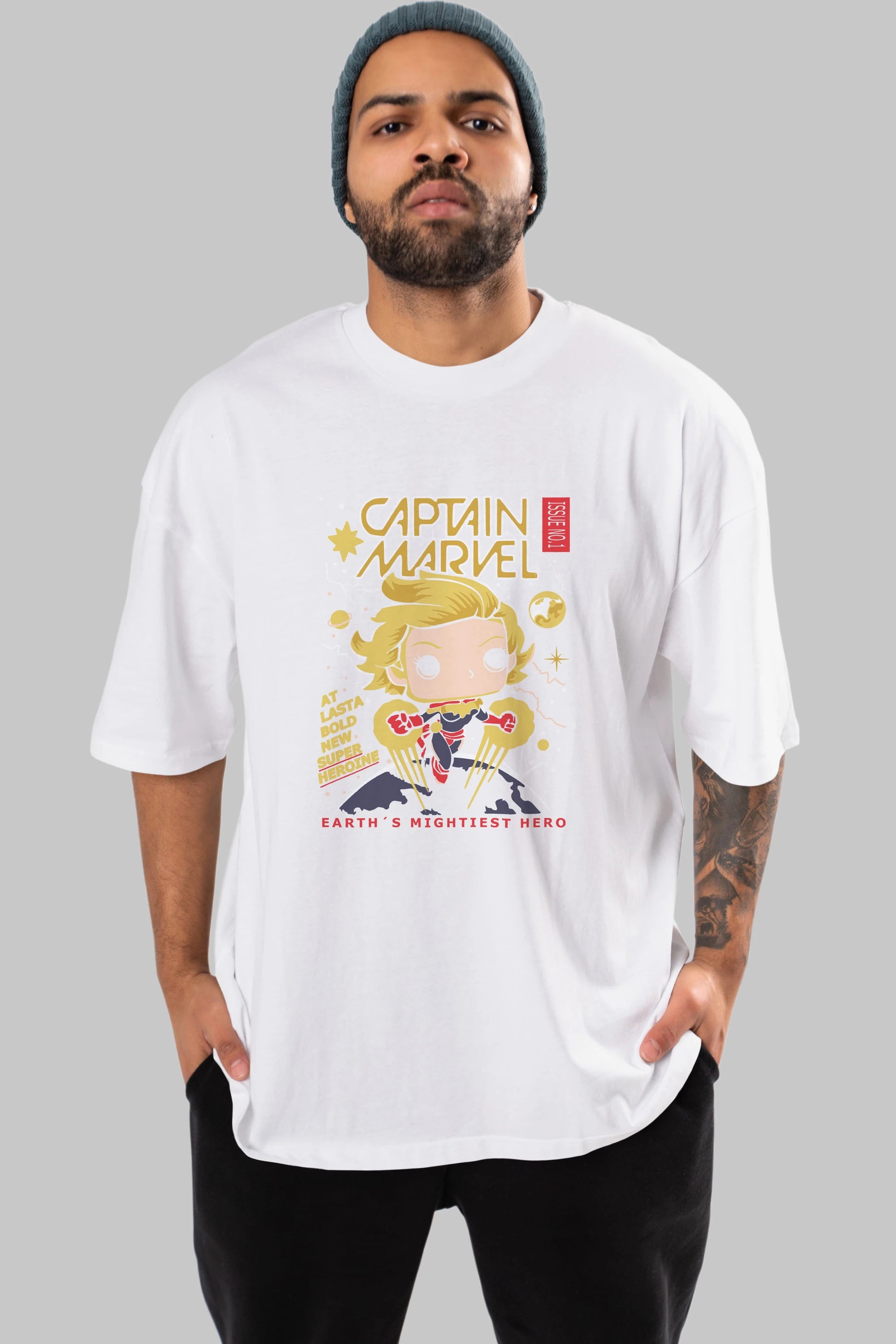Captain Marvel Ön Baskılı Oversize t-shirt Erkek Kadın Unisex %100 Pamuk Bisiklet Yaka tişort