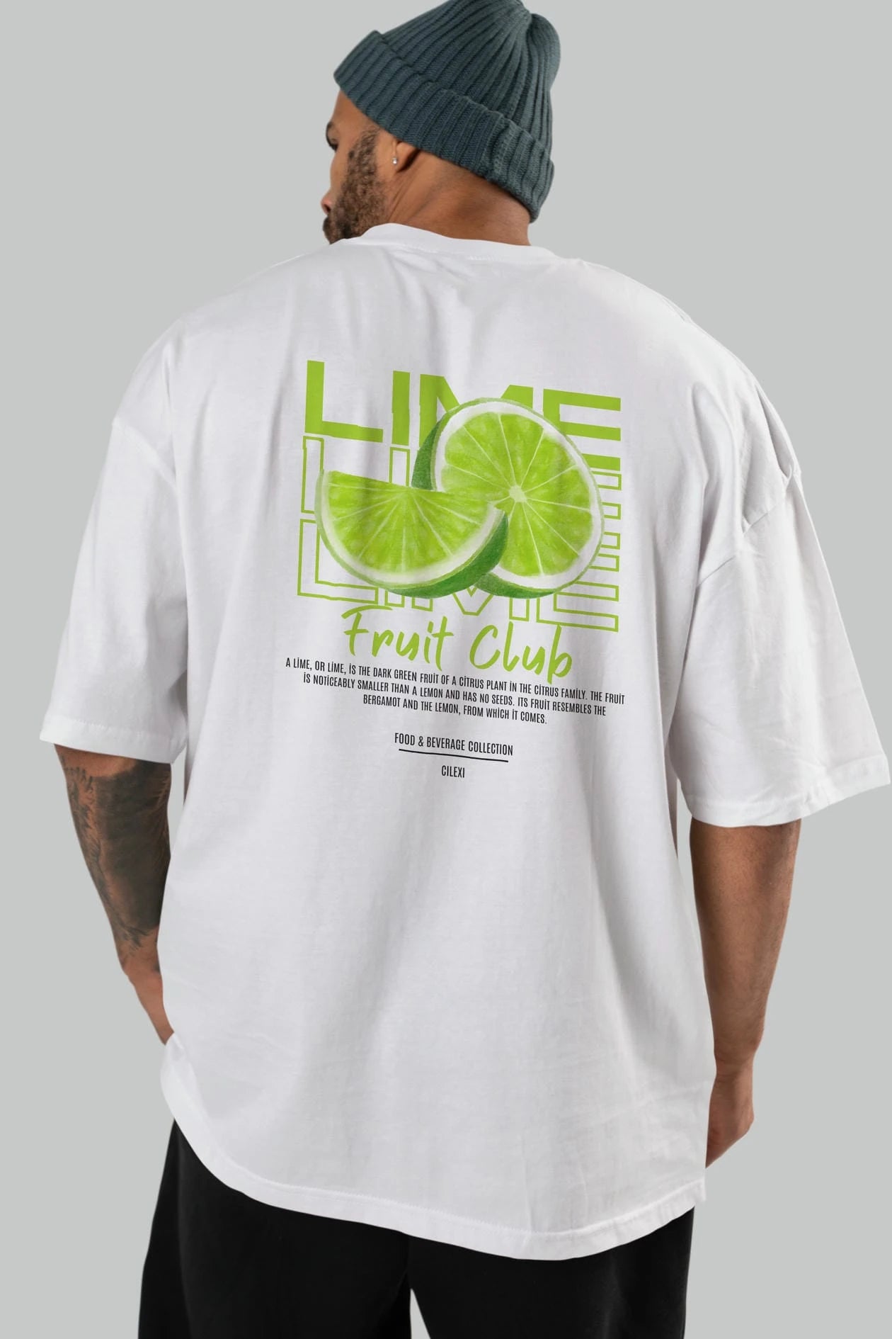 Lime Arka Baskılı Oversize t-shirt Erkek Kadın Pamuk Bisiklet Yaka tişort