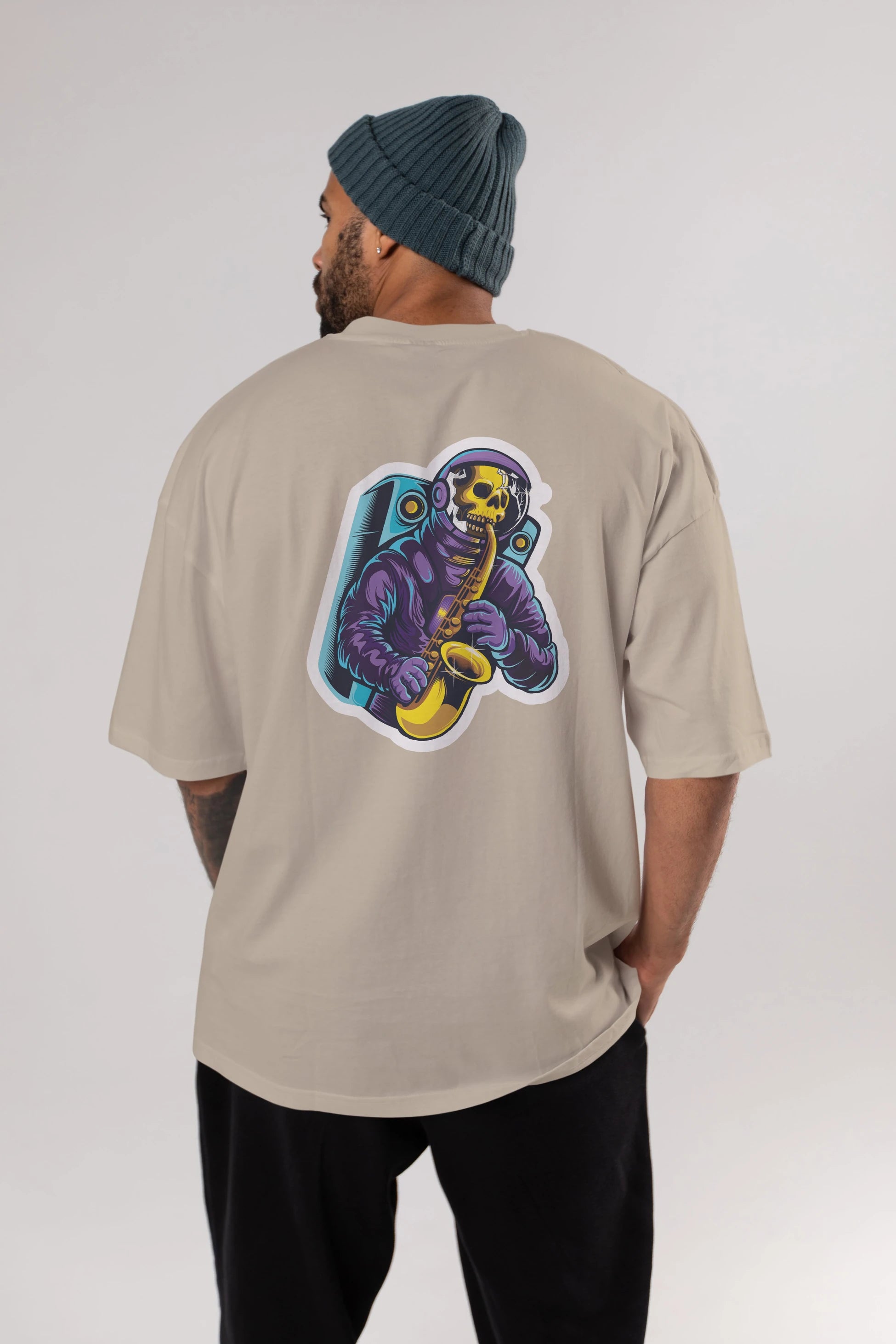 Astroskull Saxophonist Sticker Arka Baskılı Oversize t-shirt Erkek Kadın Unisex