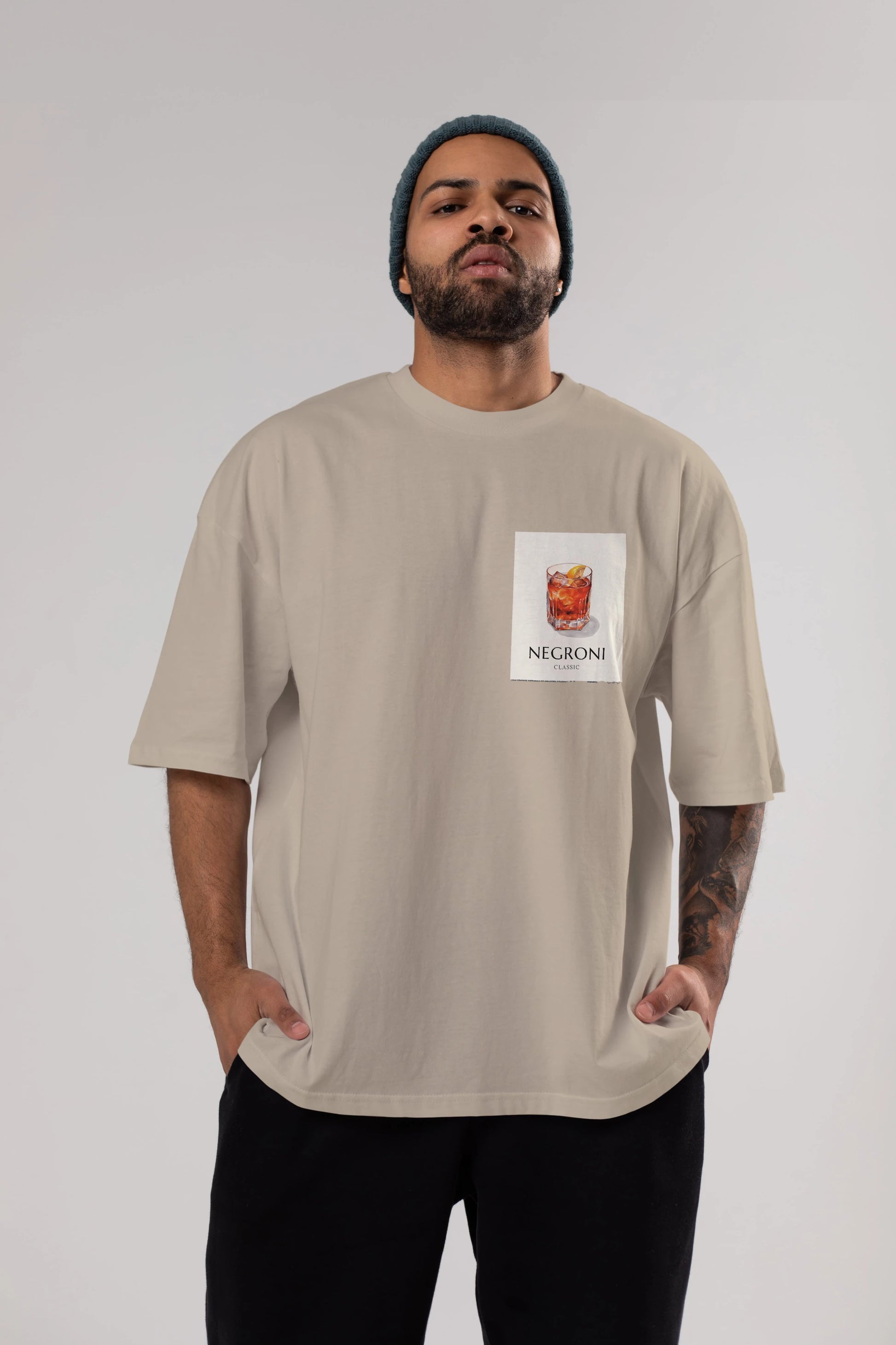 Negroni Classic Ön Sol Baskılı Oversize t-shirt Erkek Kadın Unisex %100 Pamuk Bisiklet Yaka tişort