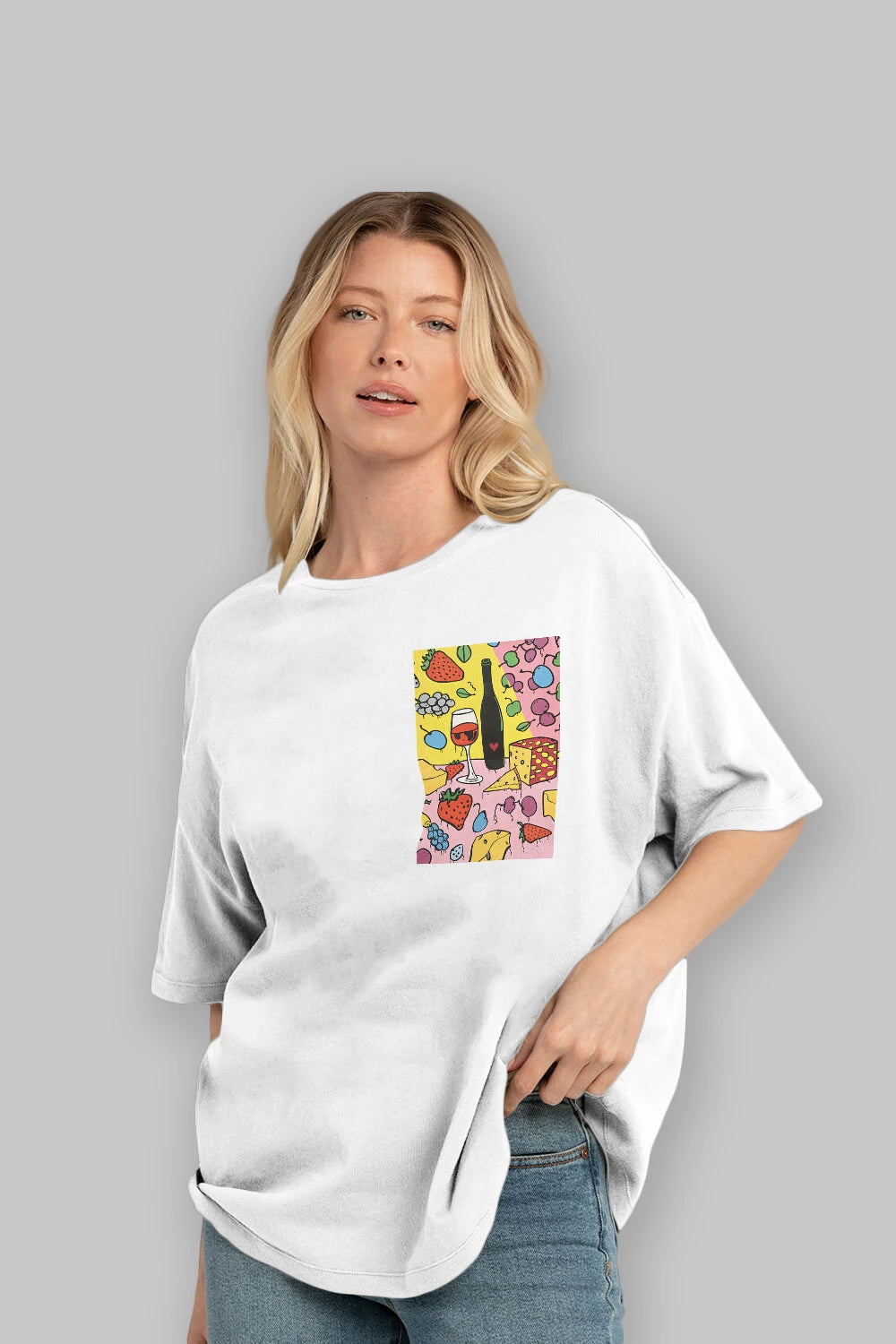 Wine Cheese Fruits Ön Sol Baskılı Oversize t-shirt Erkek Kadın Unisex %100 Pamuk Bisiklet Yaka tişort
