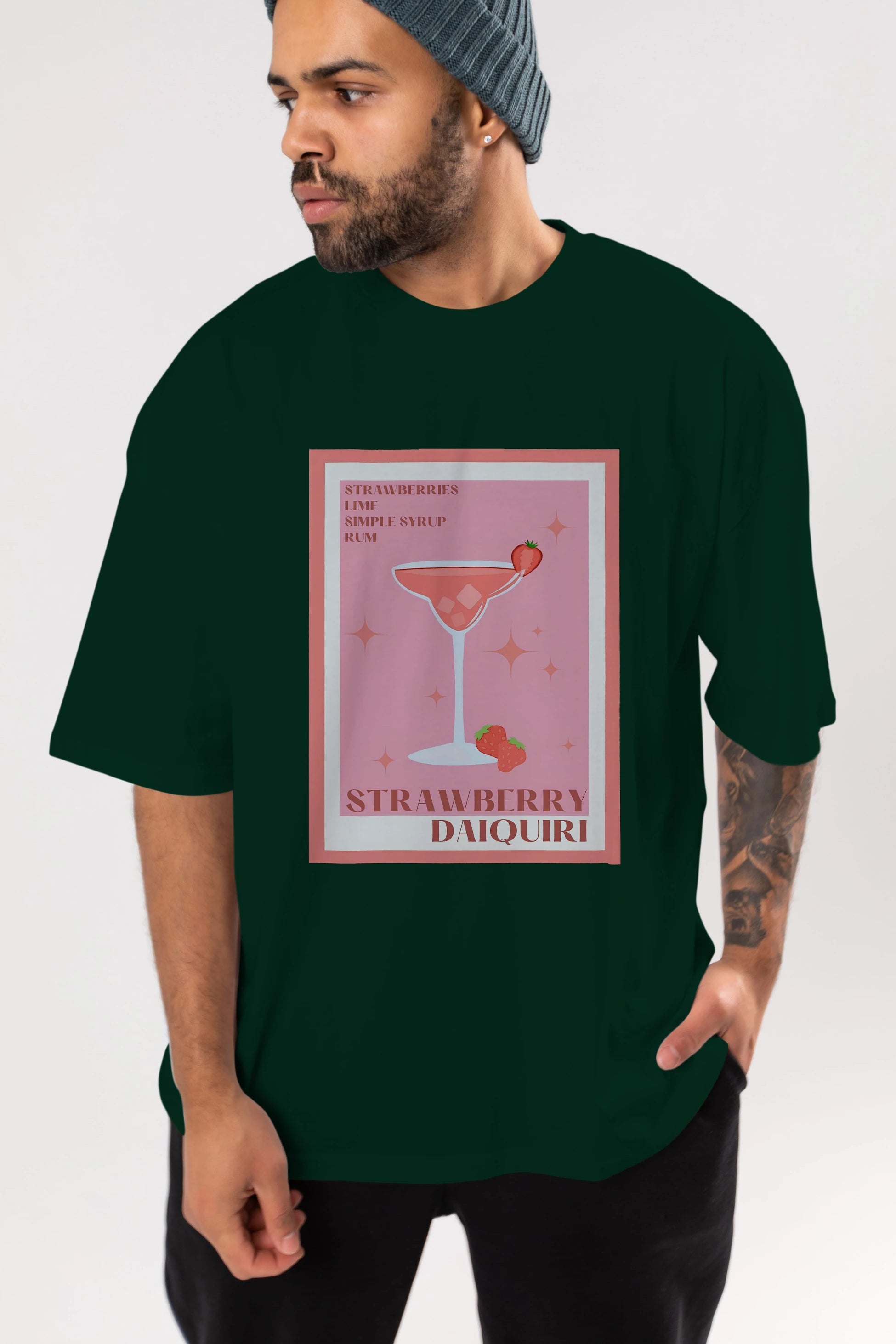 Strawberry Daiquiri Ön Baskılı Oversize t-shirt Erkek Kadın Unisex %100 Pamuk Bisiklet Yaka tişort