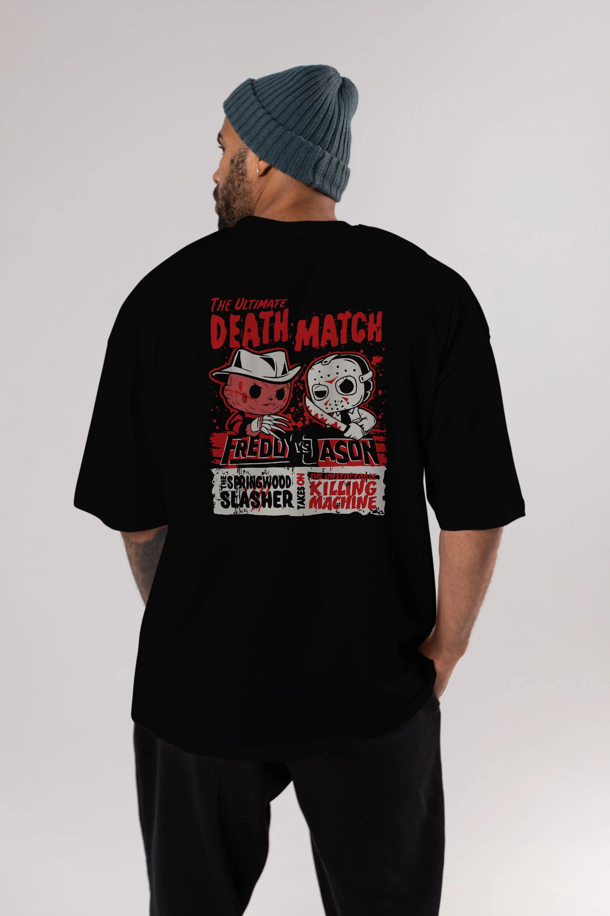 Freddy vs Jason Arka Baskılı Oversize t-shirt Erkek Kadın Unisex %100 Pamuk Bisiklet Yaka tişort