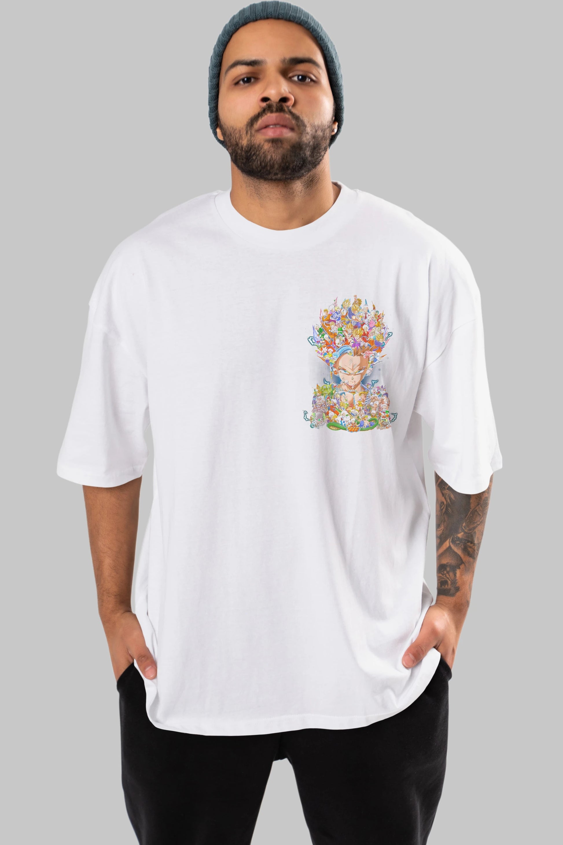 DRAGON BALL ART (2) Ön Sol Baskılı Oversize t-shirt Erkek Kadın Unisex %100 Pamuk Bisiklet Yaka tişort