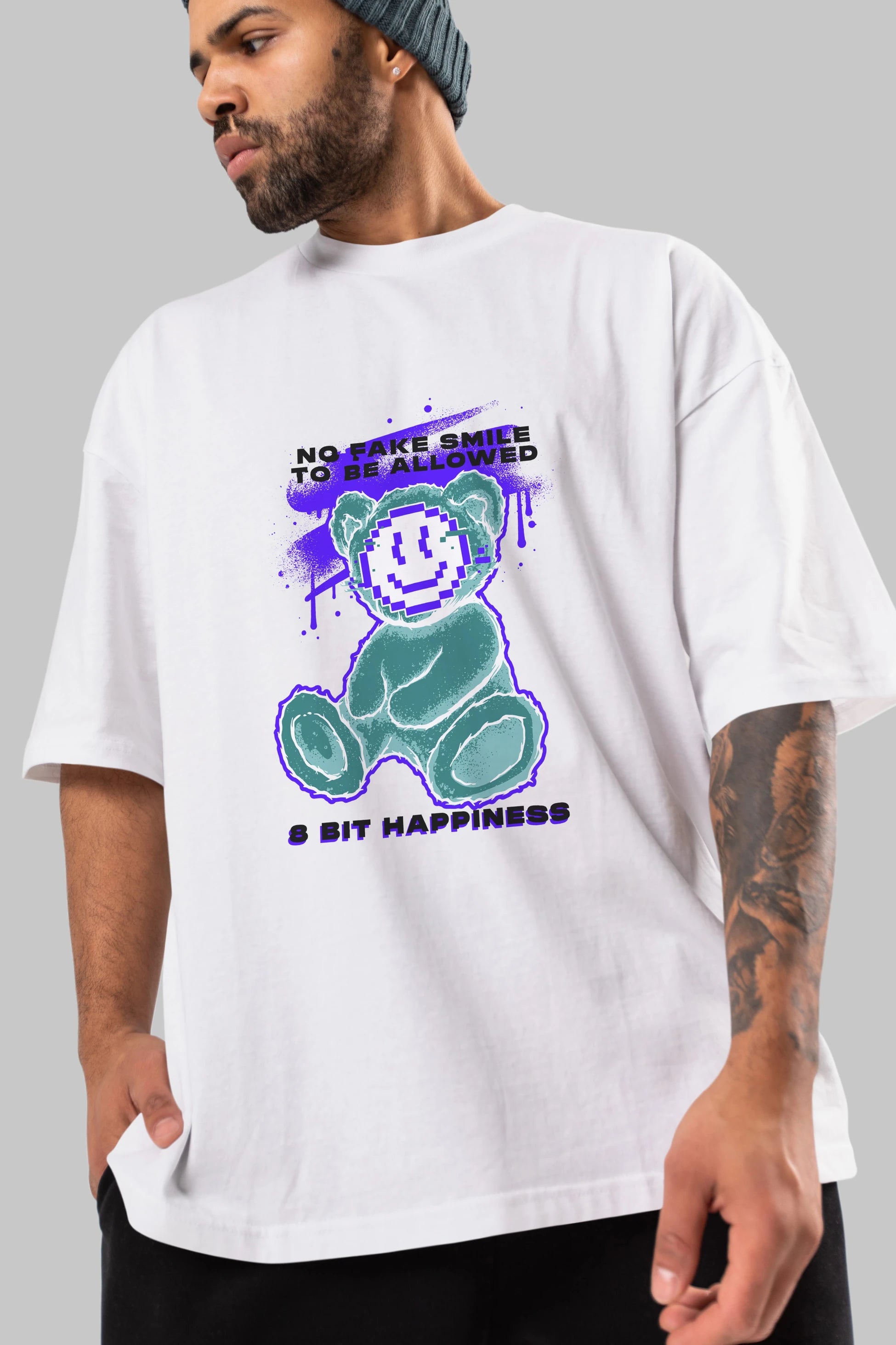 No Fake Smile Bear Ön Baskılı Oversize t-shirt Erkek Kadın Unisex