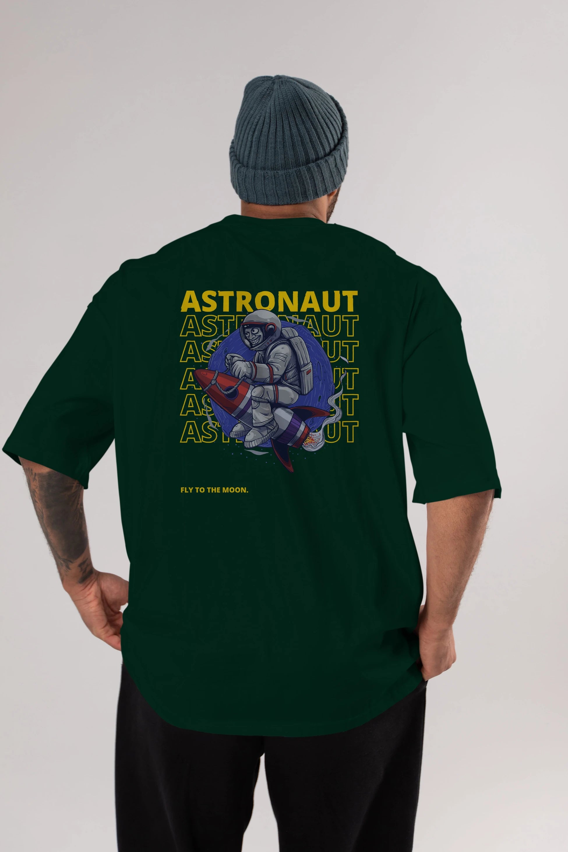 Astronaut Fly to the Moon Yazılı Arka Baskılı Oversize t-shirt Erkek Kadın Unisex