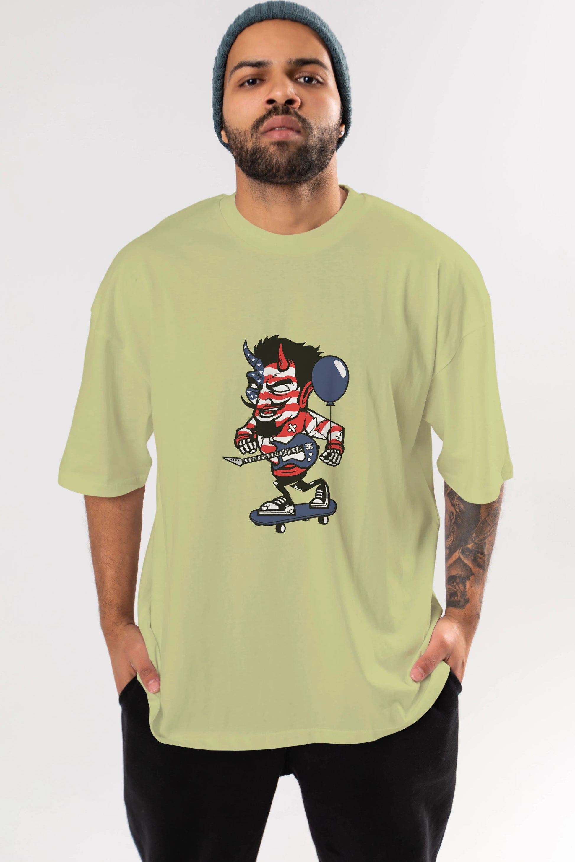 American Devil Skater Ön Baskılı Oversize t-shirt Erkek Kadın Unisex %100 Pamuk tişort