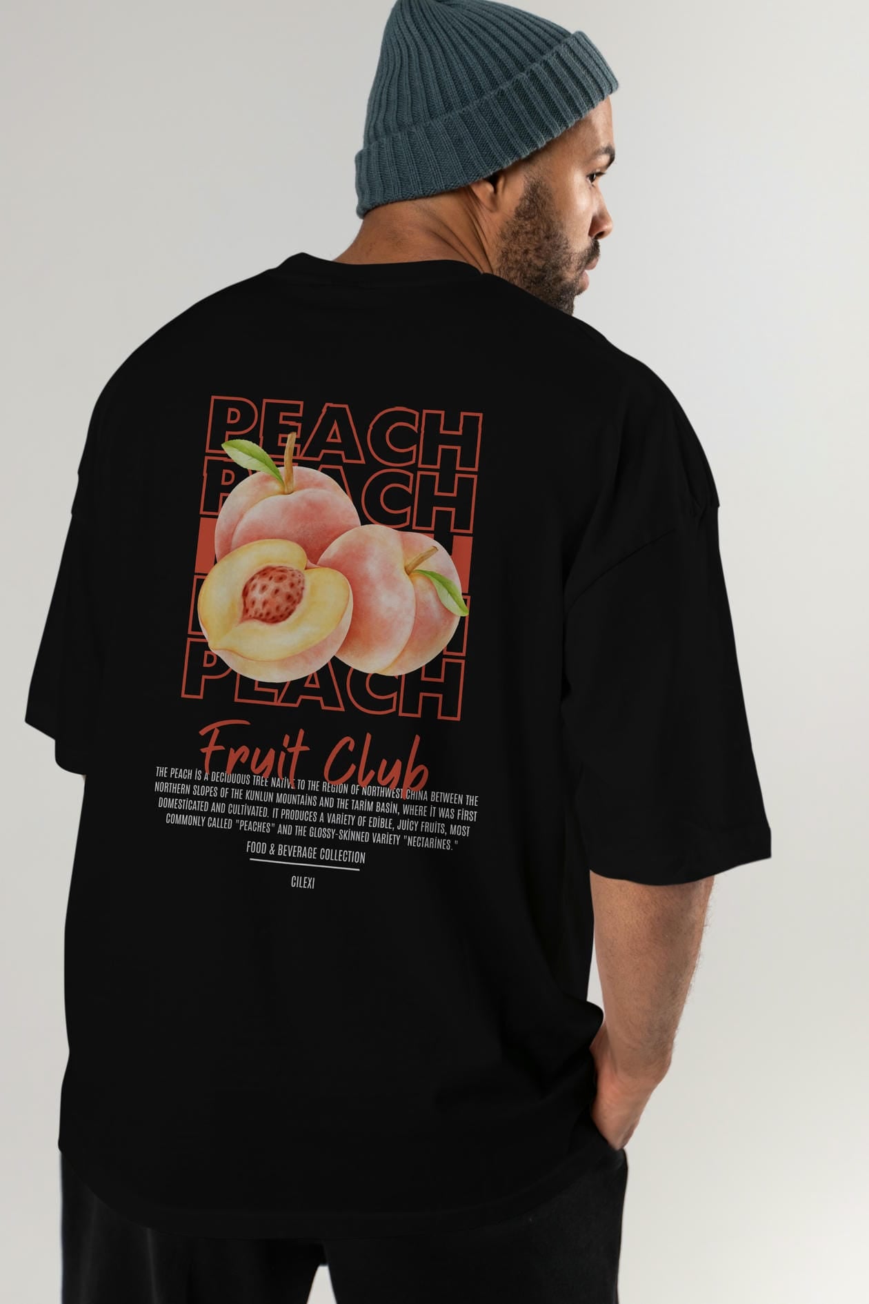 Peach Arka Baskılı Oversize t-shirt Erkek Kadın Pamuk Bisiklet Yaka tişort
