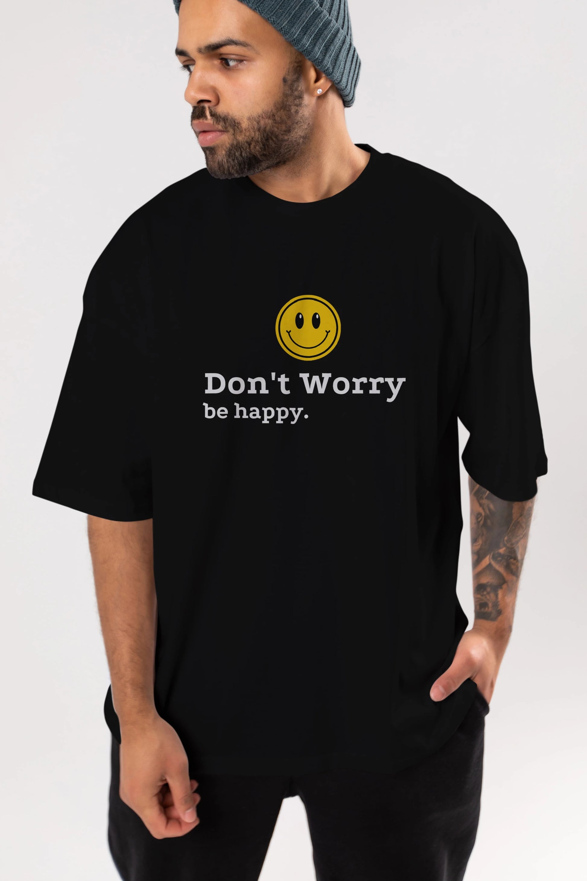 Don't Worry Be Happy Yazılı Ön Baskılı Oversize t-shirt Erkek Kadın Unisex