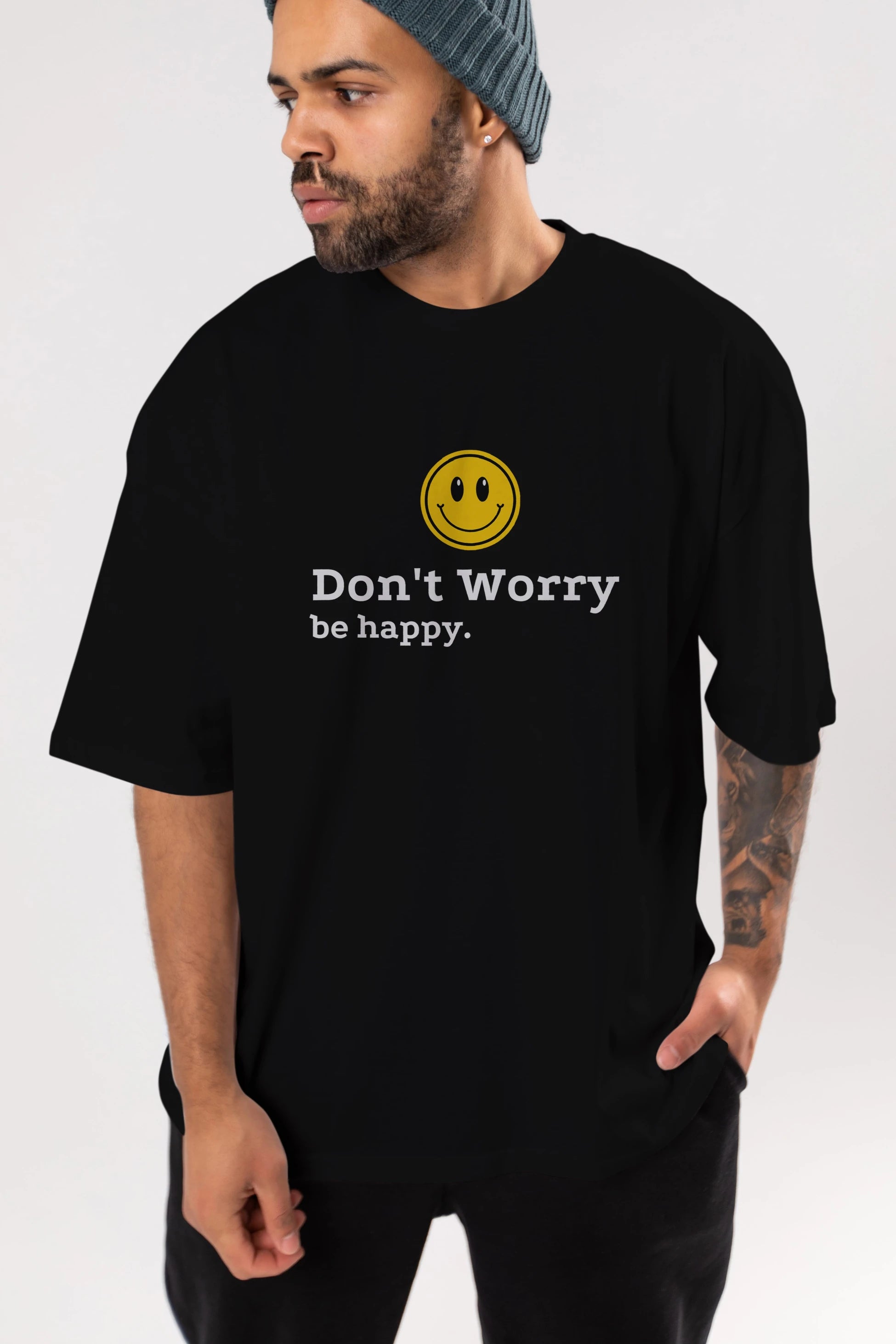 Don't Worry Be Happy Yazılı Ön Baskılı Oversize t-shirt Erkek Kadın Unisex