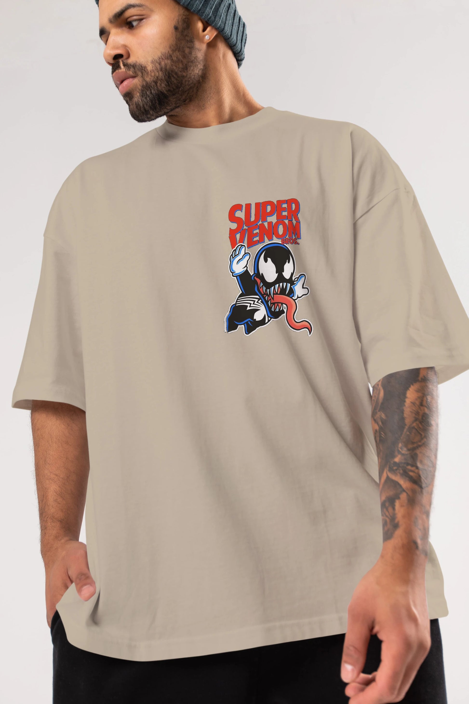 Super Venom Ön Sol Baskılı Oversize t-shirt Erkek Kadın Unisex %100 Pamuk Bisiklet Yaka tişort