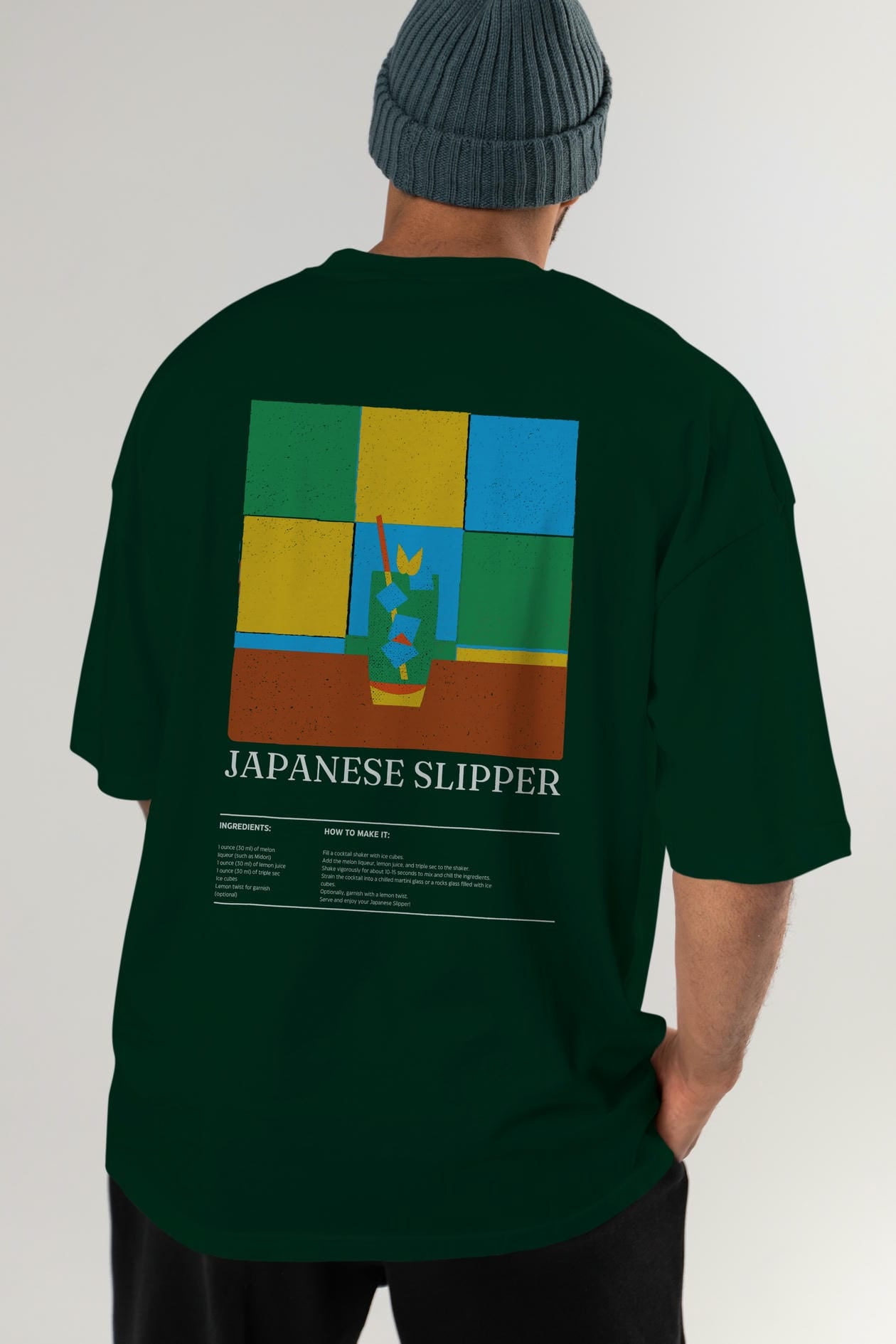 Japanese Slipper Kokteyl Serisi Arka Baskılı Oversize t-shirt Erkek Kadın %100 Pamuk Bisiklet Yaka tişort