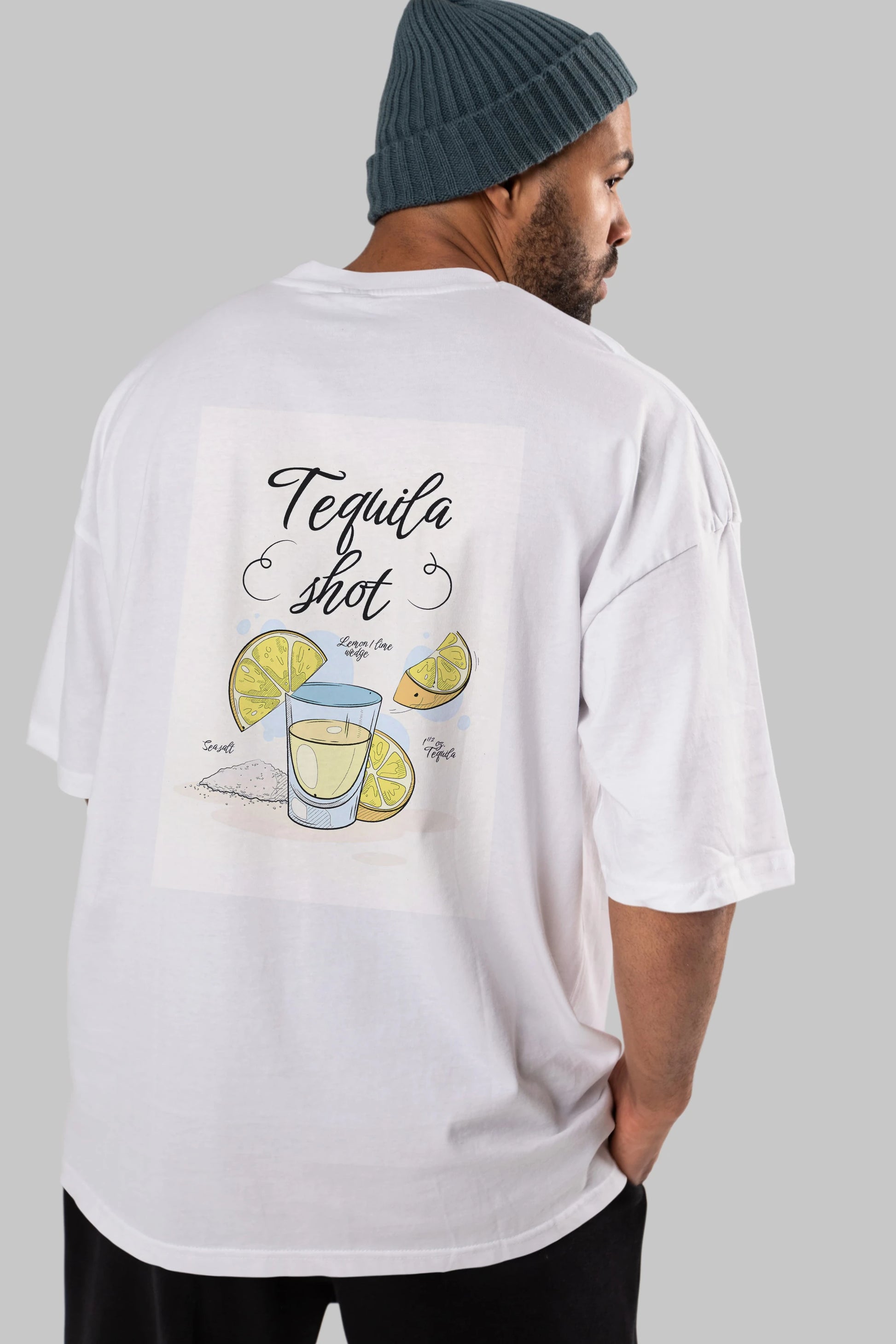 Tequila Shot Arka Baskılı Oversize t-shirt Erkek Kadın Unisex %100 Pamuk Bisiklet Yaka tişort
