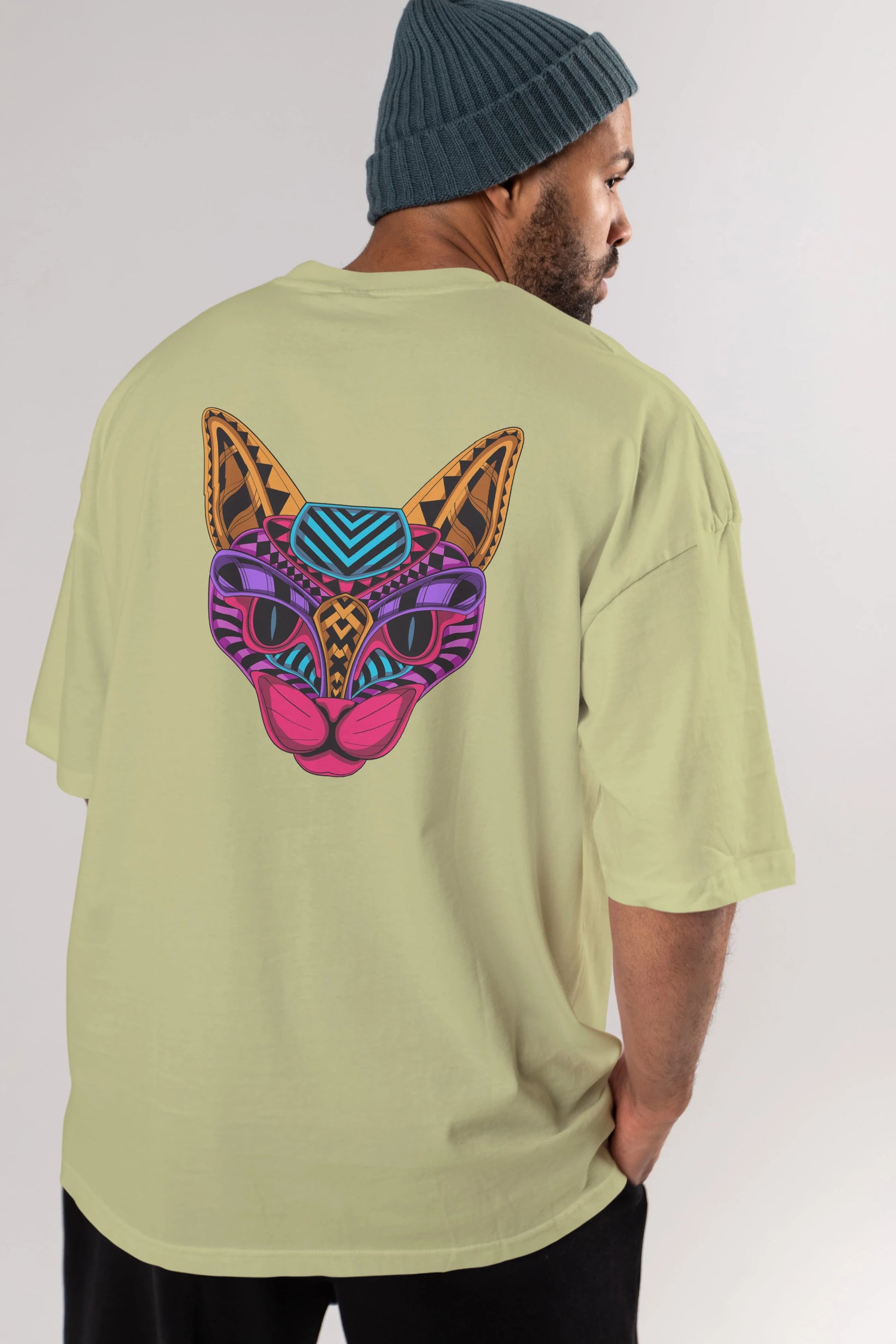 Black Neon Cat Arka Baskılı Oversize t-shirt Erkek Kadın Unisex