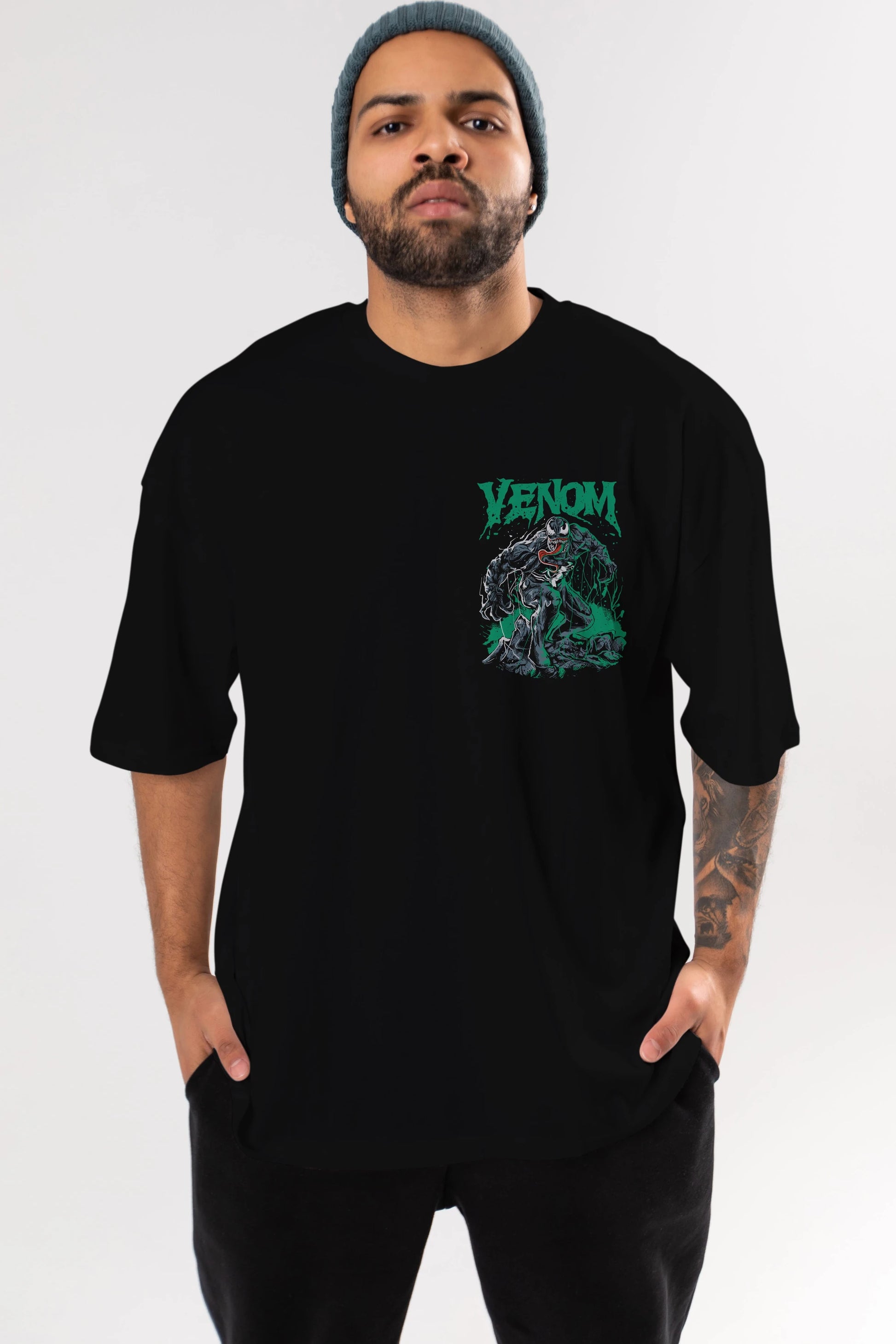 Venom (3) Ön Sol Baskılı Oversize t-shirt Erkek Kadın Unisex %100 Pamuk Bisiklet Yaka tişort
