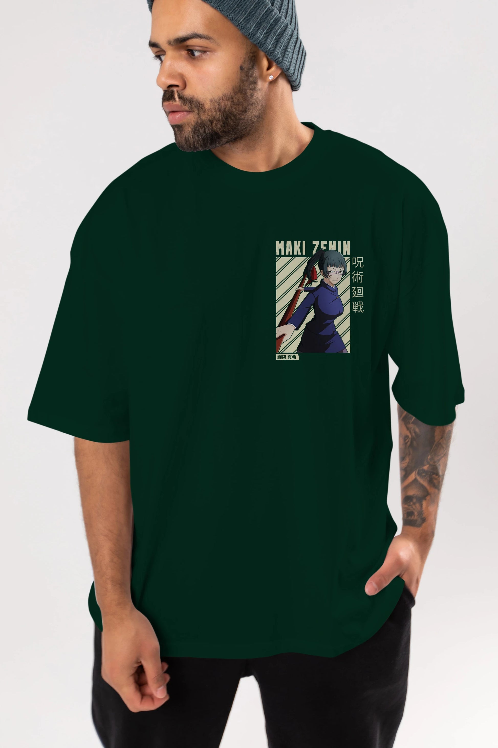 Maki Zenin CHAİNSAWMAN Ön Sol Baskılı Oversize t-shirt Erkek Kadın Unisex %100 Pamuk Bisiklet Yaka tişort