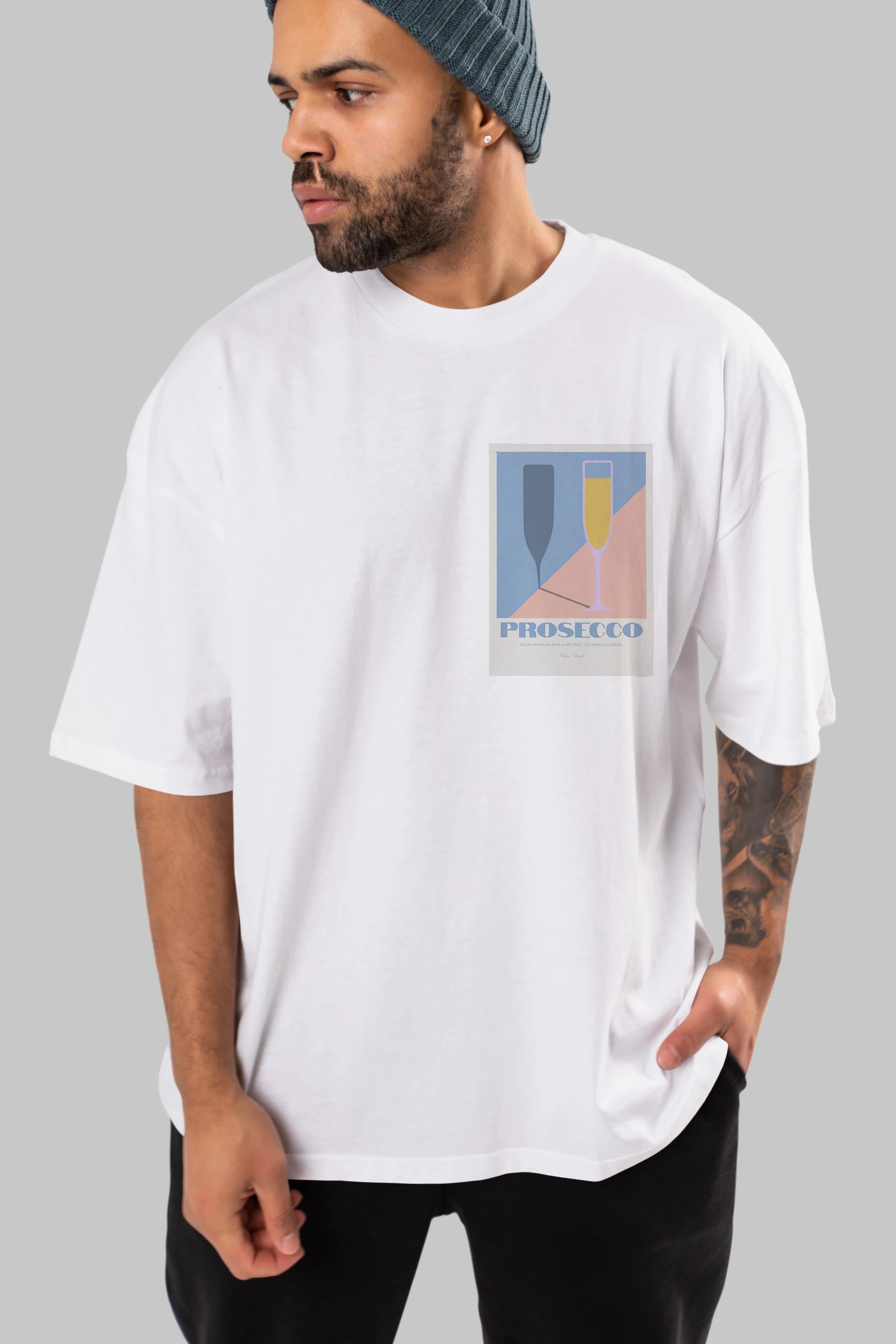 Prosecco Ön Sol Baskılı Oversize t-shirt Erkek Kadın Unisex %100 Pamuk Bisiklet Yaka tişort