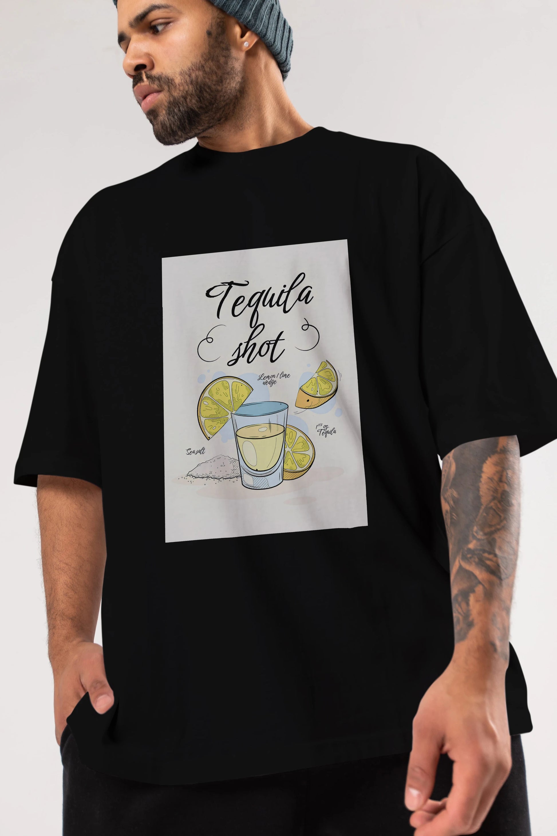 Tequila Shot Ön Baskılı Oversize t-shirt Erkek Kadın Unisex %100 Pamuk Bisiklet Yaka tişort