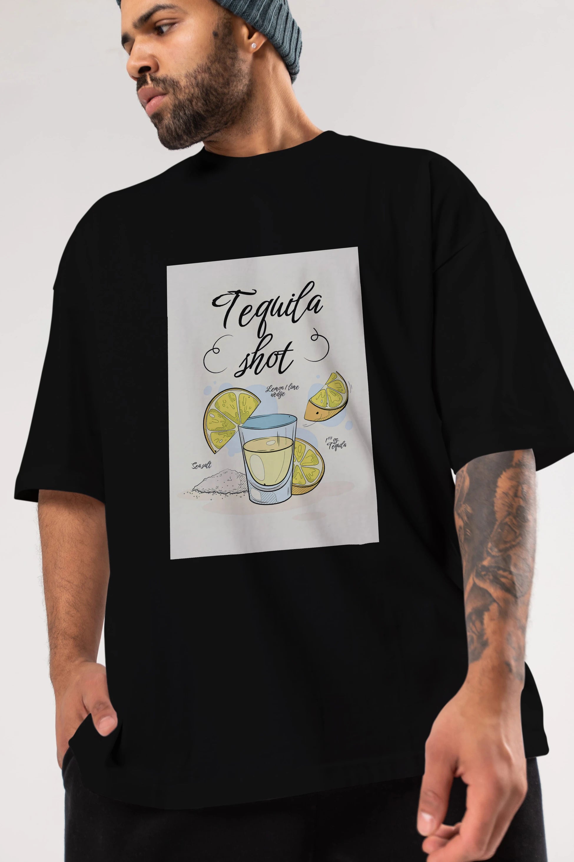 Tequila Shot Ön Baskılı Oversize t-shirt Erkek Kadın Unisex %100 Pamuk Bisiklet Yaka tişort