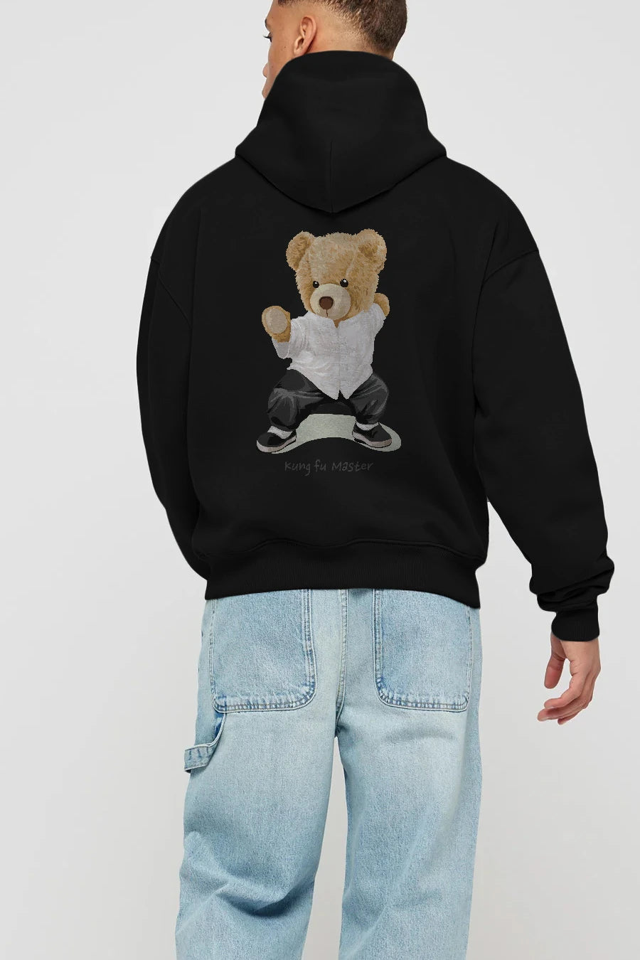 Teddy Bear Kung Fu Master Arka Baskılı Hoodie Oversize Kapüşonlu Sweatshirt Erkek Kadın Unisex