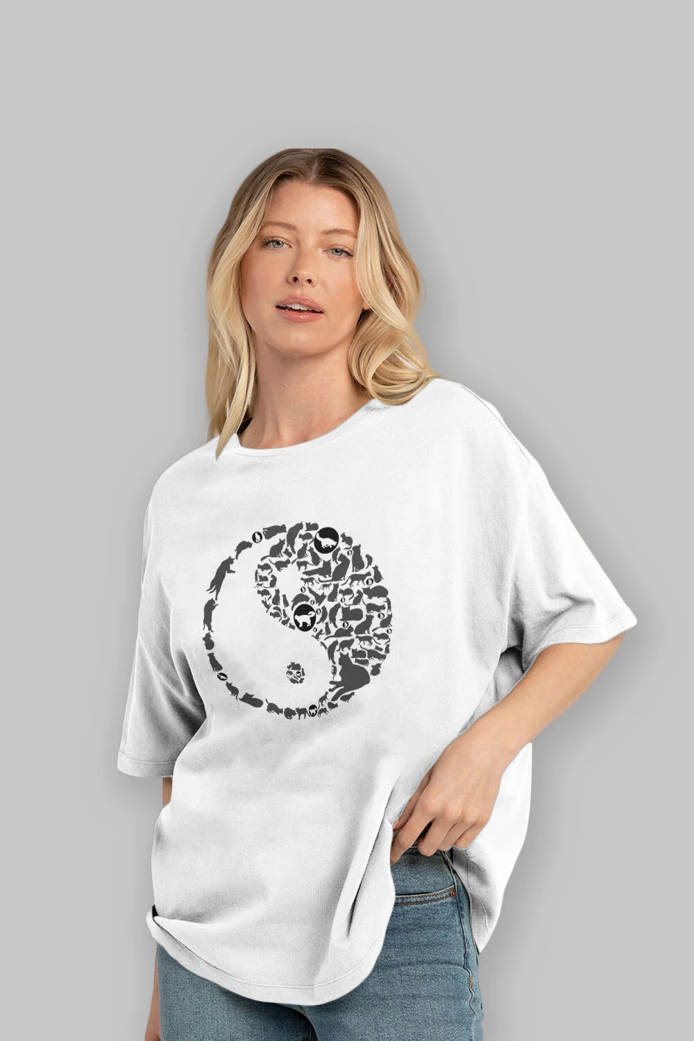 YinYang Cats Ön Baskılı Oversize t-shirt %100 pamuk Erkek Kadın Unisex