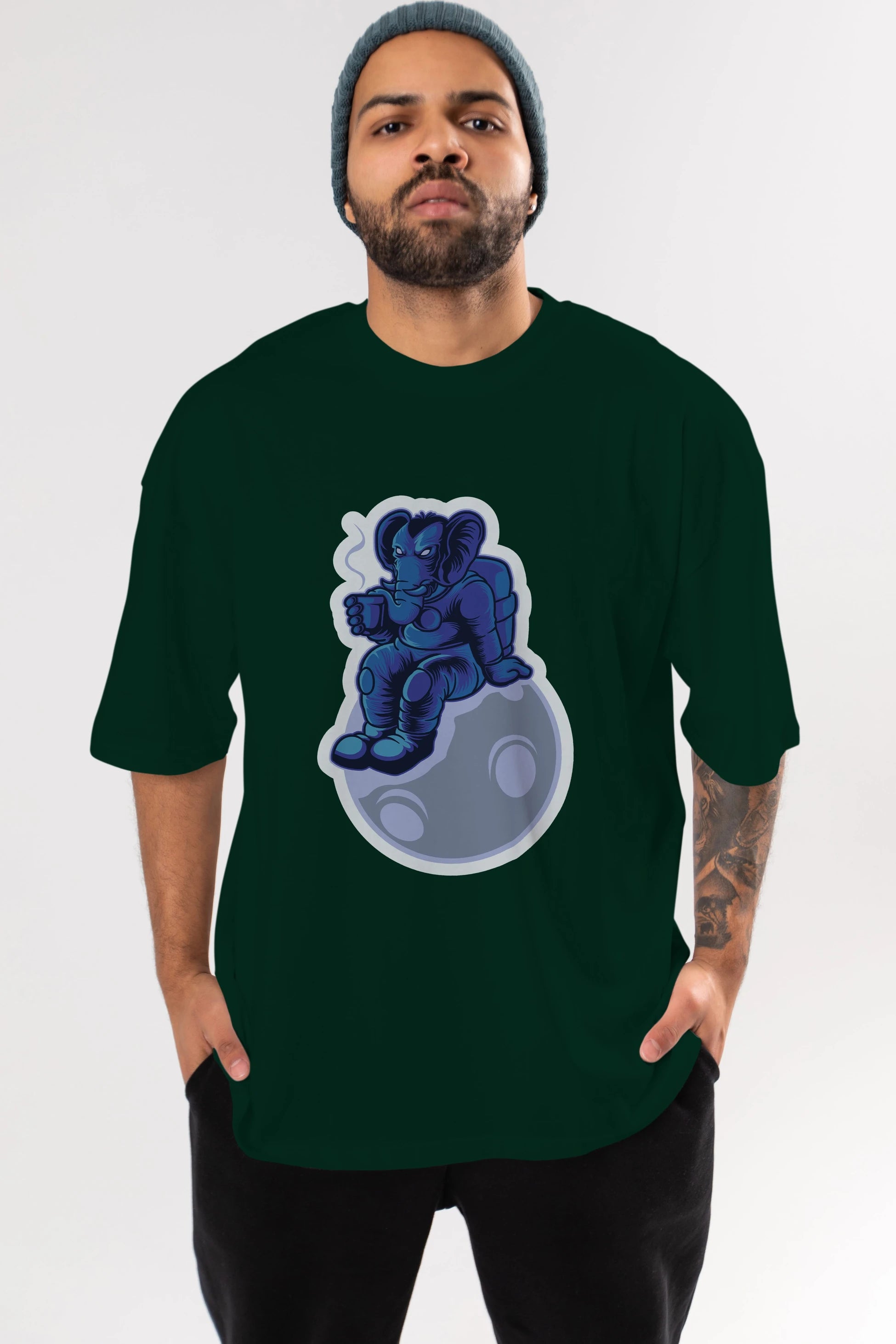 Space Elephant Drink Coffee Sticker Ön Baskılı Oversize t-shirt Erkek Kadın Unisex