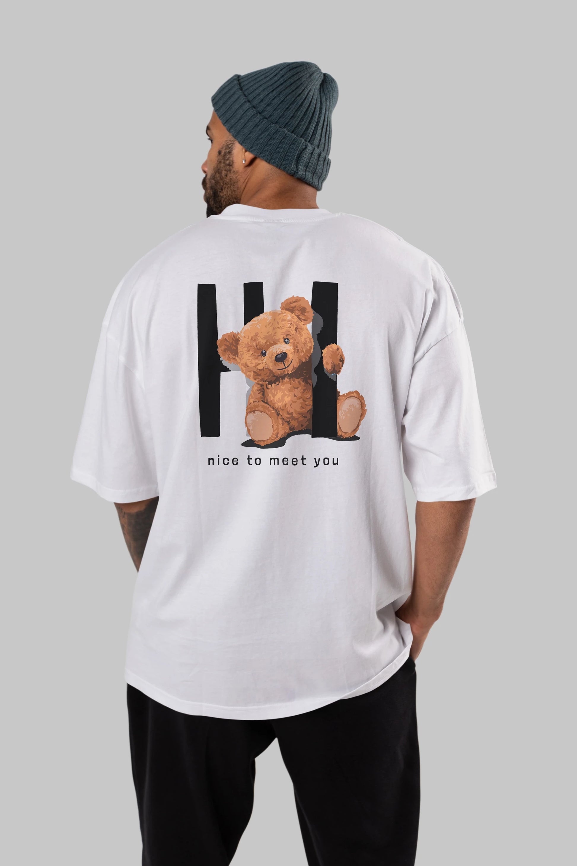 Teddy Bear Hi Nice To Meet You Arka Baskılı Oversize t-shirt Erkek Kadın Unisex %100 Pamuk