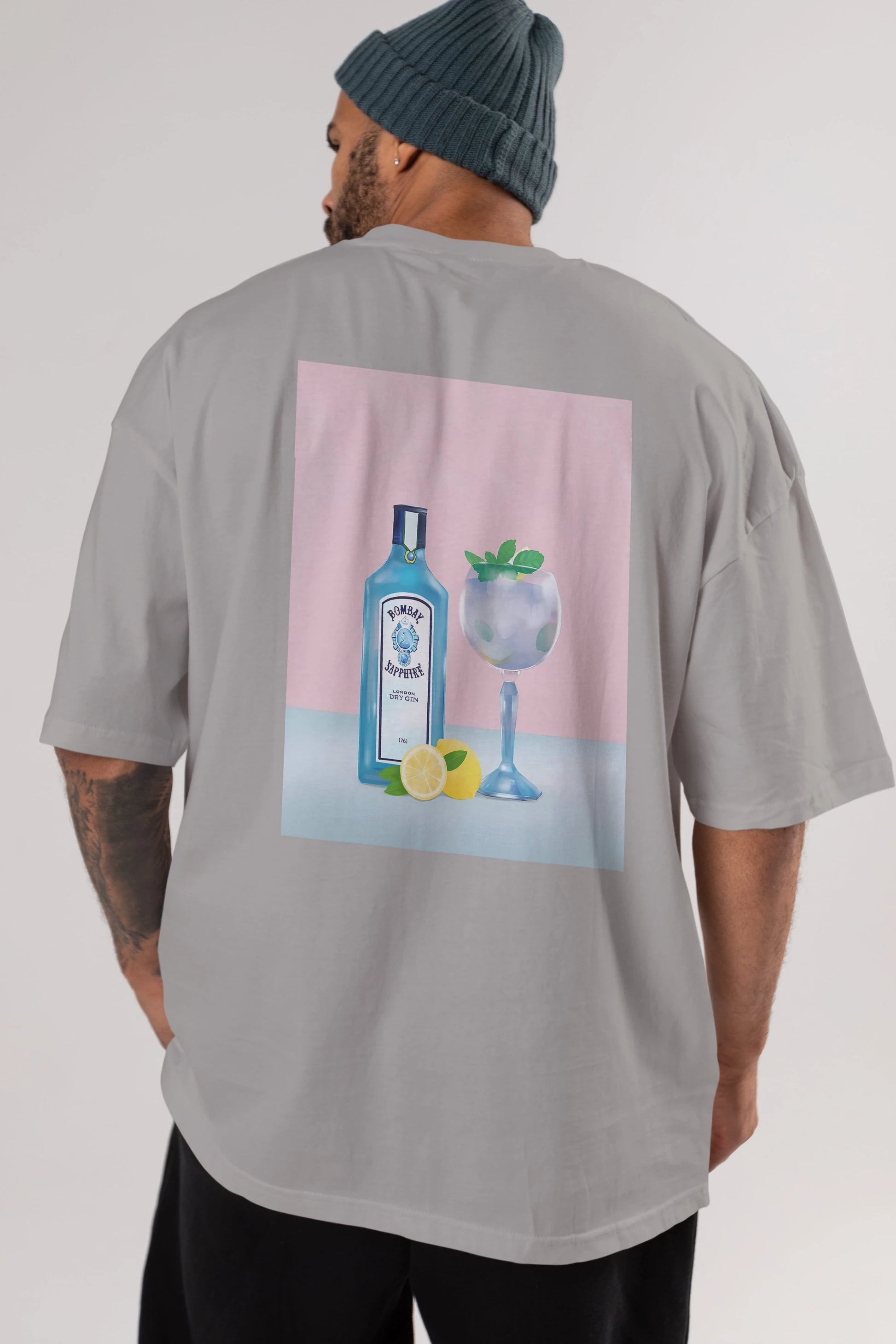 Bombay Sapphire Dry Gin Arka Baskılı Oversize t-shirt Erkek Kadın Unisex %100 Pamuk Bisiklet Yaka tişort