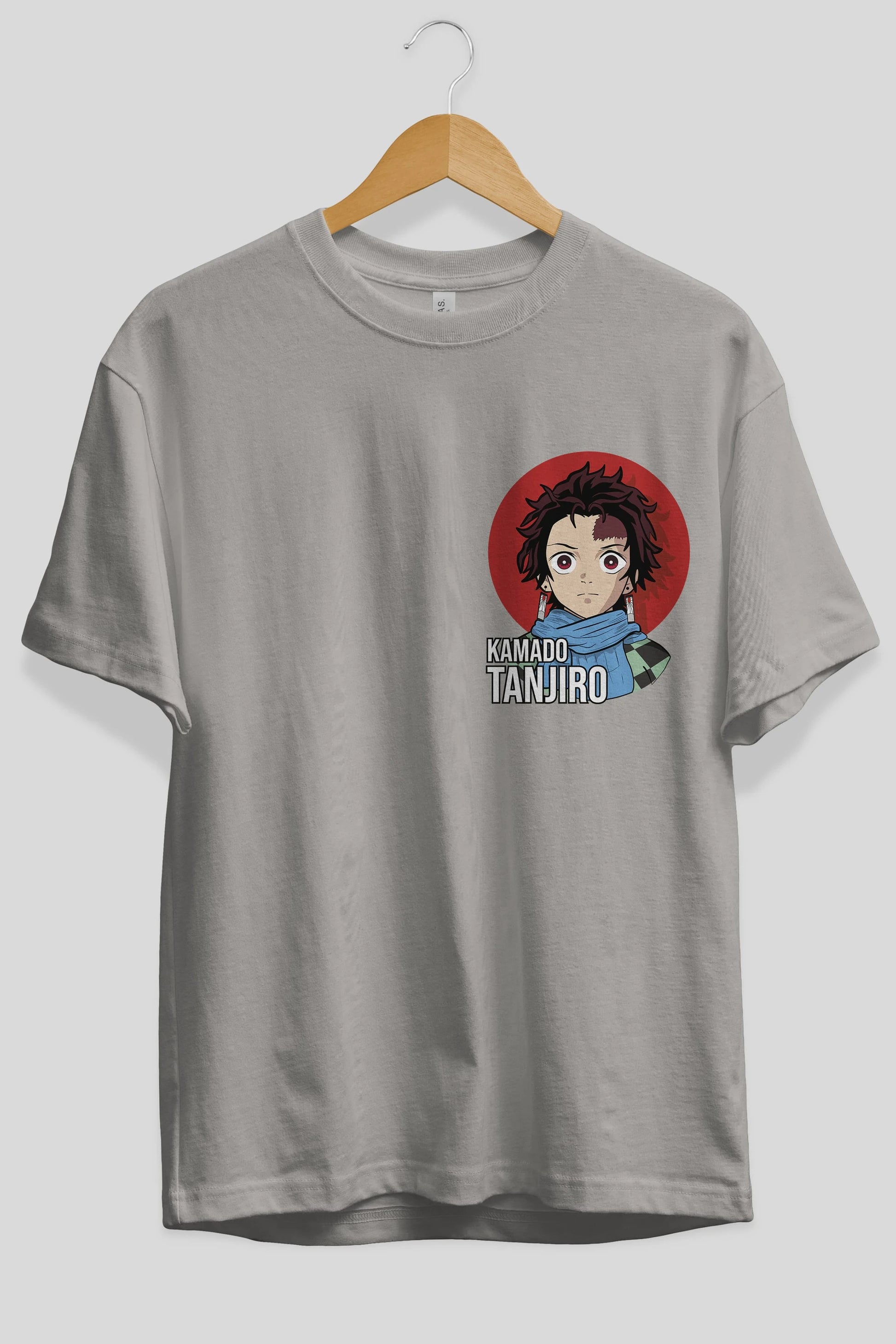 TANJIRO KAMADO Ön Sol Baskılı Oversize t-shirt Erkek Kadın Unisex %100 Pamuk Bisiklet Yaka tişort