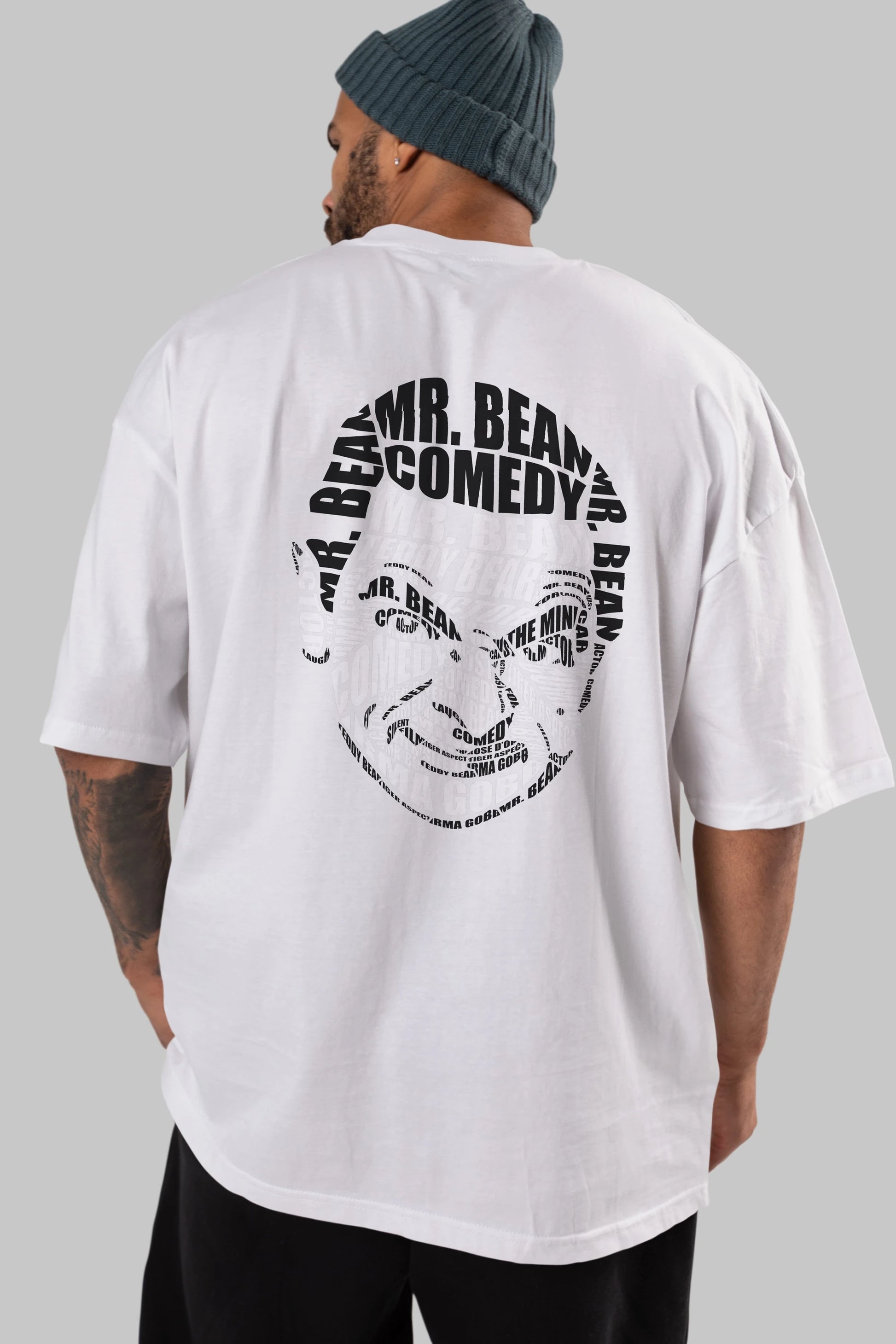 Mr Bean Calligram Arka Baskılı Oversize t-shirt %100 pamuk Erkek Kadın Unisex