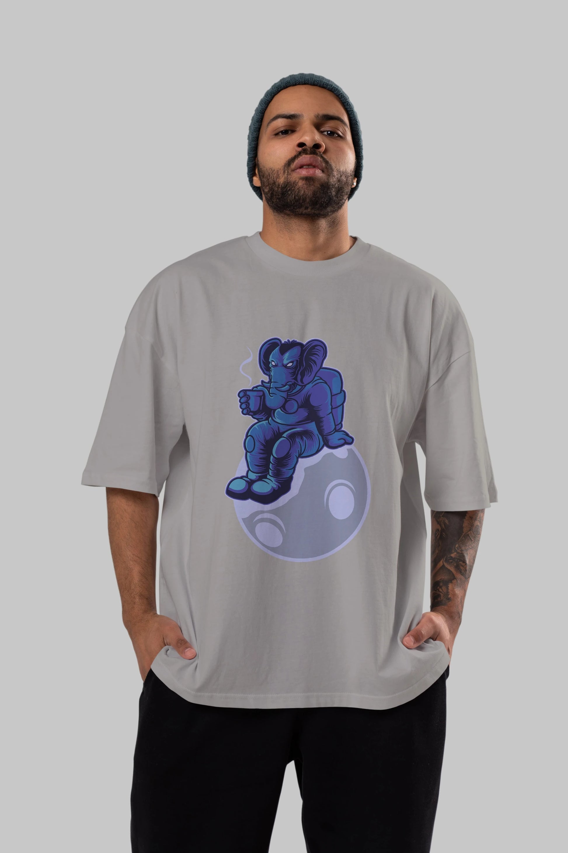Space Elephant Drink Coffee Ön Baskılı Oversize t-shirt Erkek Kadın Unisex