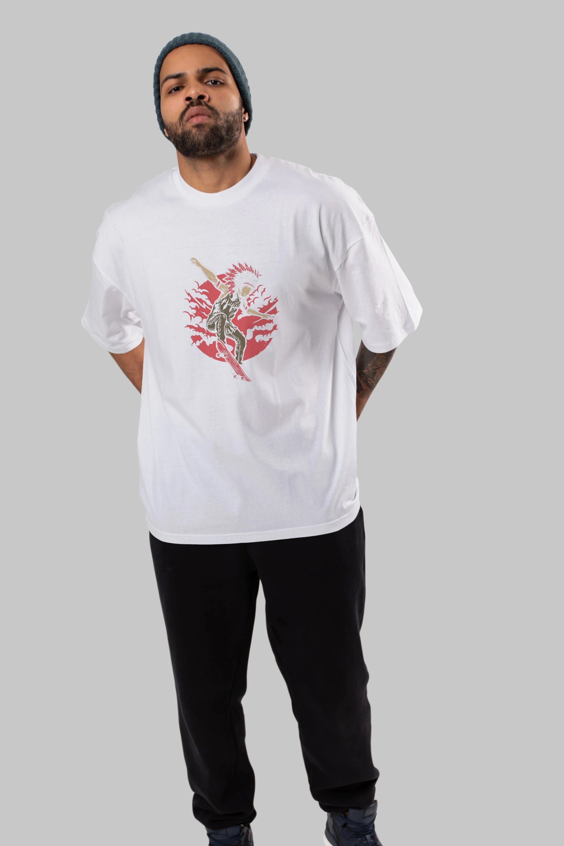 Indian Chief Skateboard Ön Baskılı Oversize t-shirt Erkek Kadın Unisex %100 Pamuk tişort