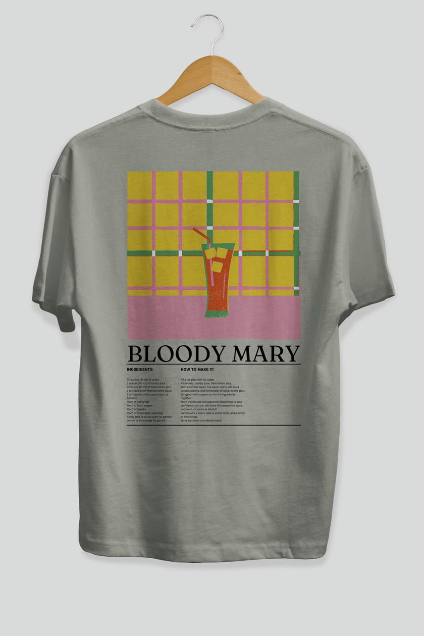 Bloody Mary Kokteyl Serisi Arka Baskılı Oversize t-shirt Erkek Kadın %100 Pamuk Bisiklet Yaka tişort