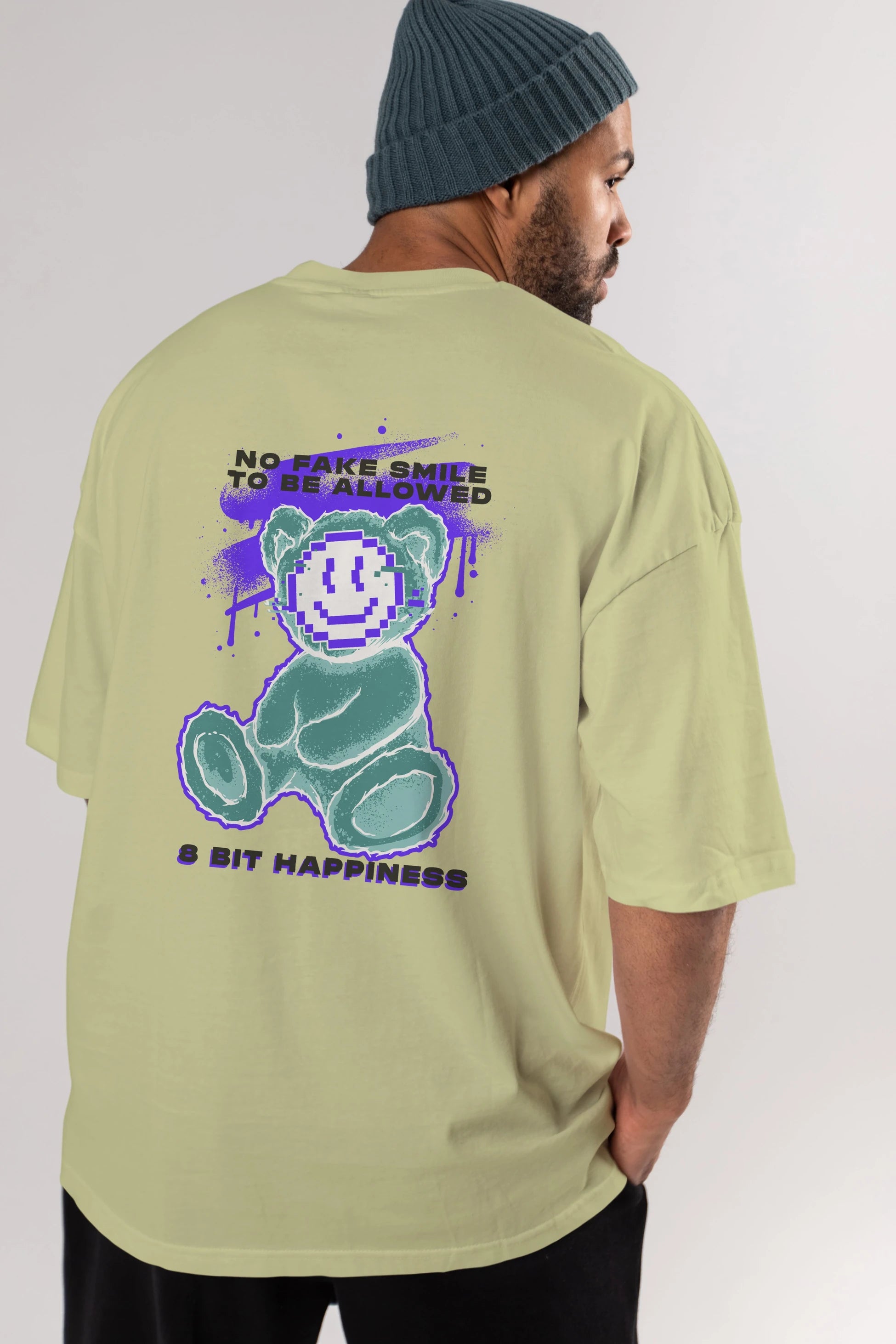No Fake Smile Bear Arka Baskılı Oversize t-shirt Erkek Kadın Unisex