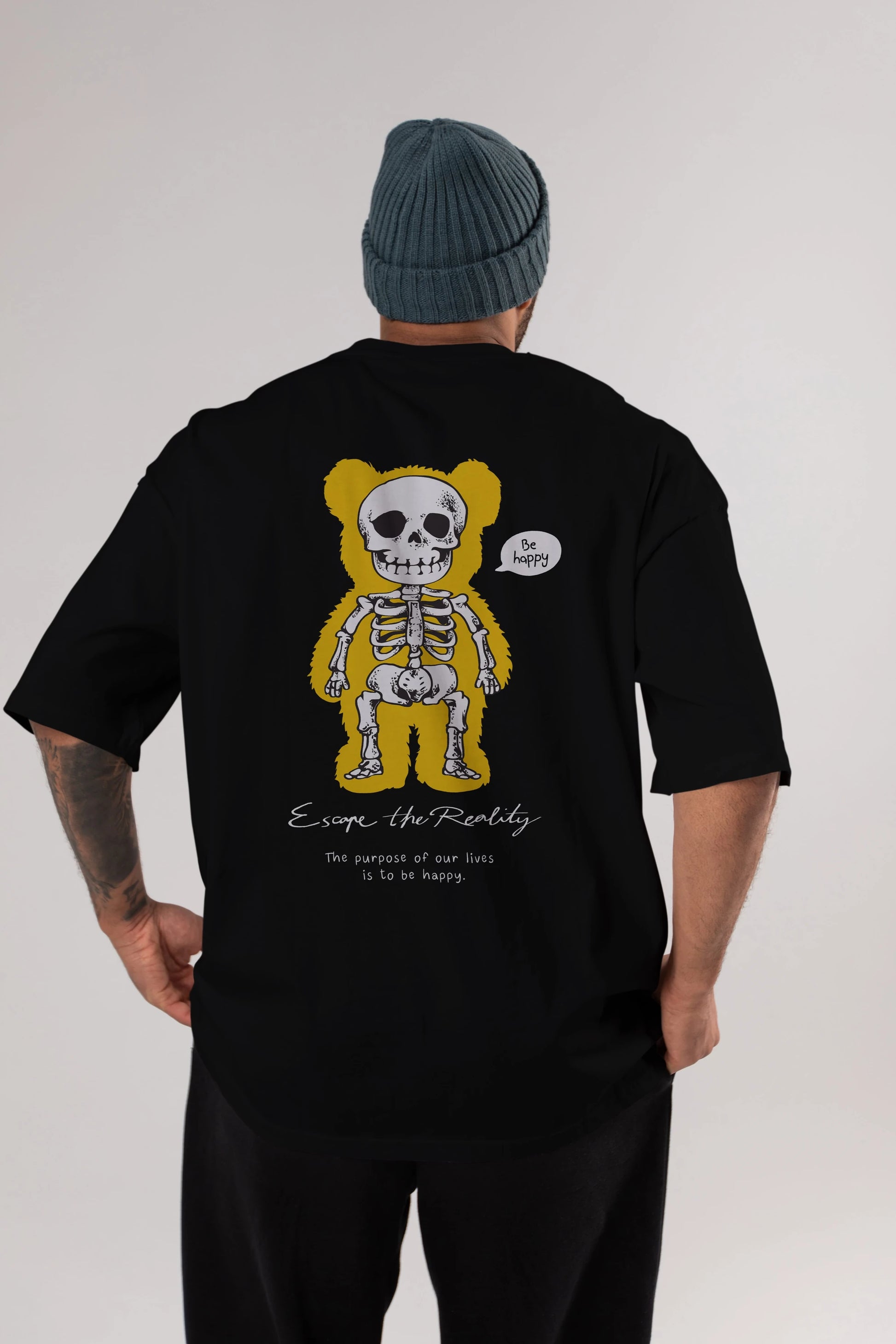 Be Happy Bear Arka Baskılı Oversize t-shirt Erkek Kadın Unisex