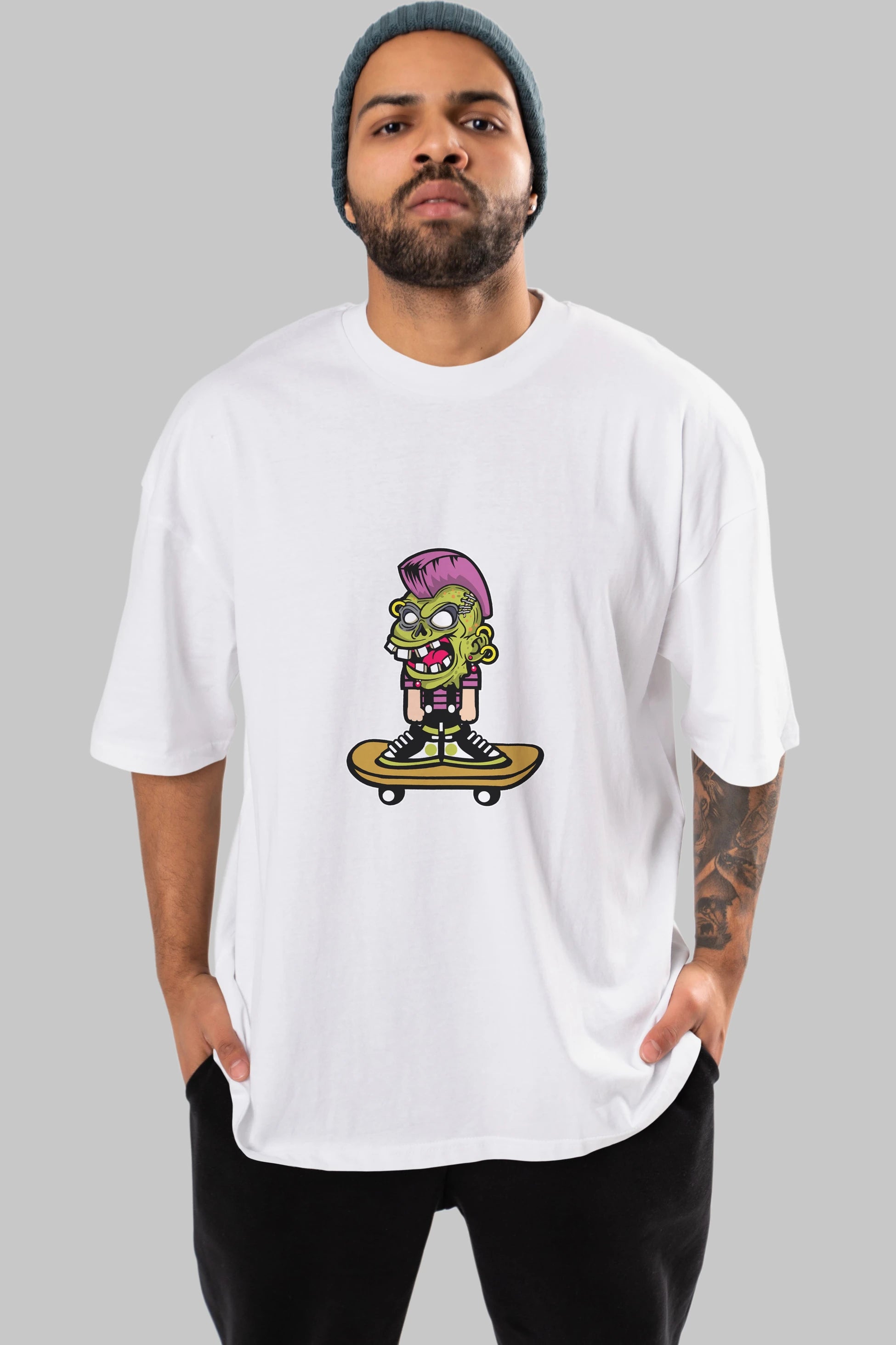 Zombie Punk Skater Ön Baskılı Oversize t-shirt Erkek Kadın Unisex %100 Pamuk tişort