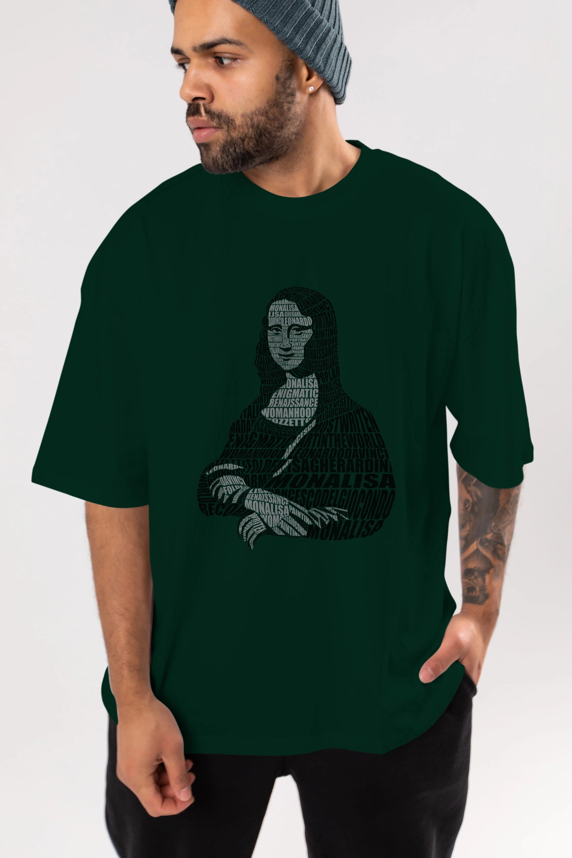 Mona Lisa Calligram Ön Baskılı Oversize t-shirt %100 pamuk Erkek Kadın Unisex