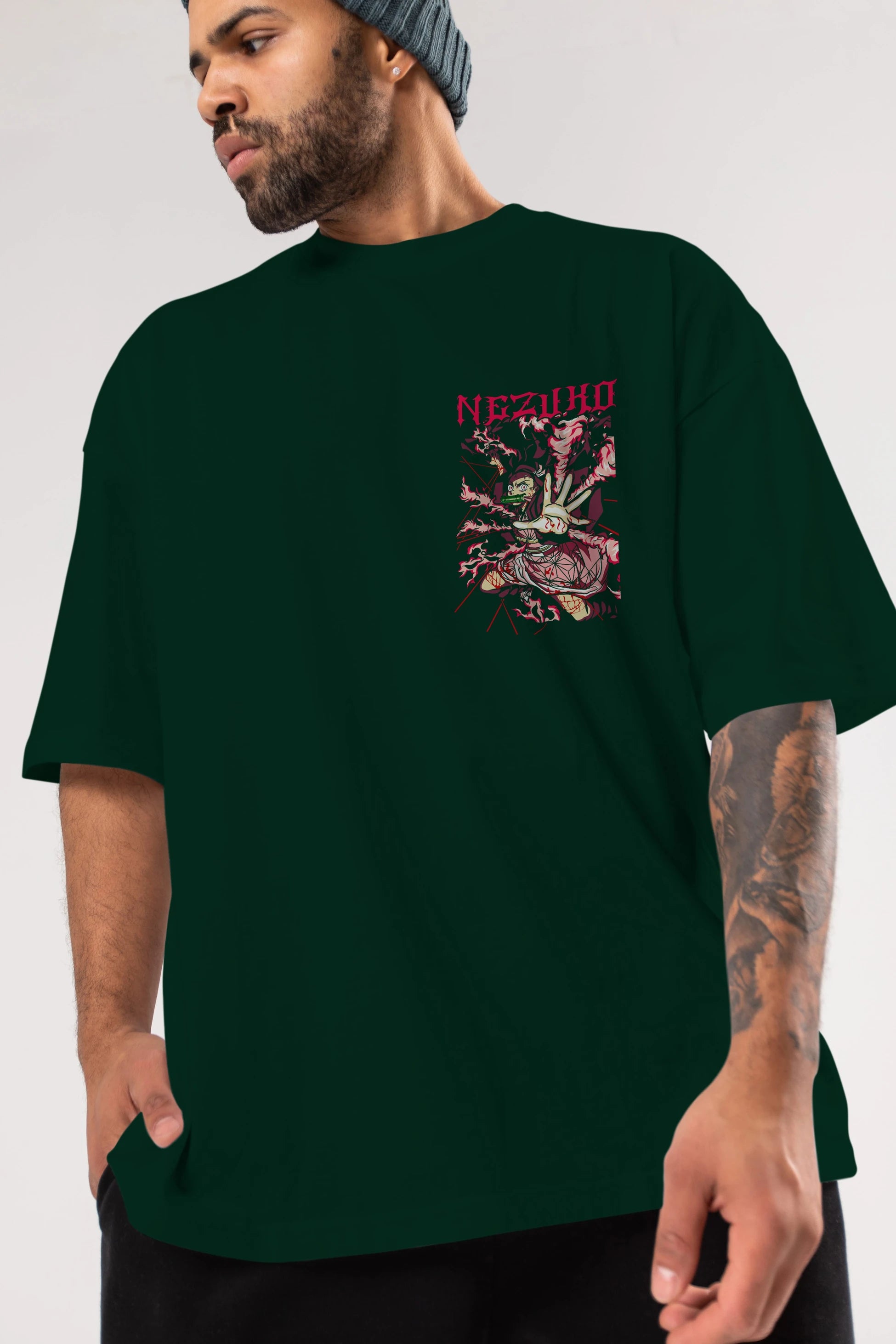 NEZUKO KAMADO Ön Sol Baskılı Oversize t-shirt Erkek Kadın Unisex %100 Pamuk Bisiklet Yaka tişort