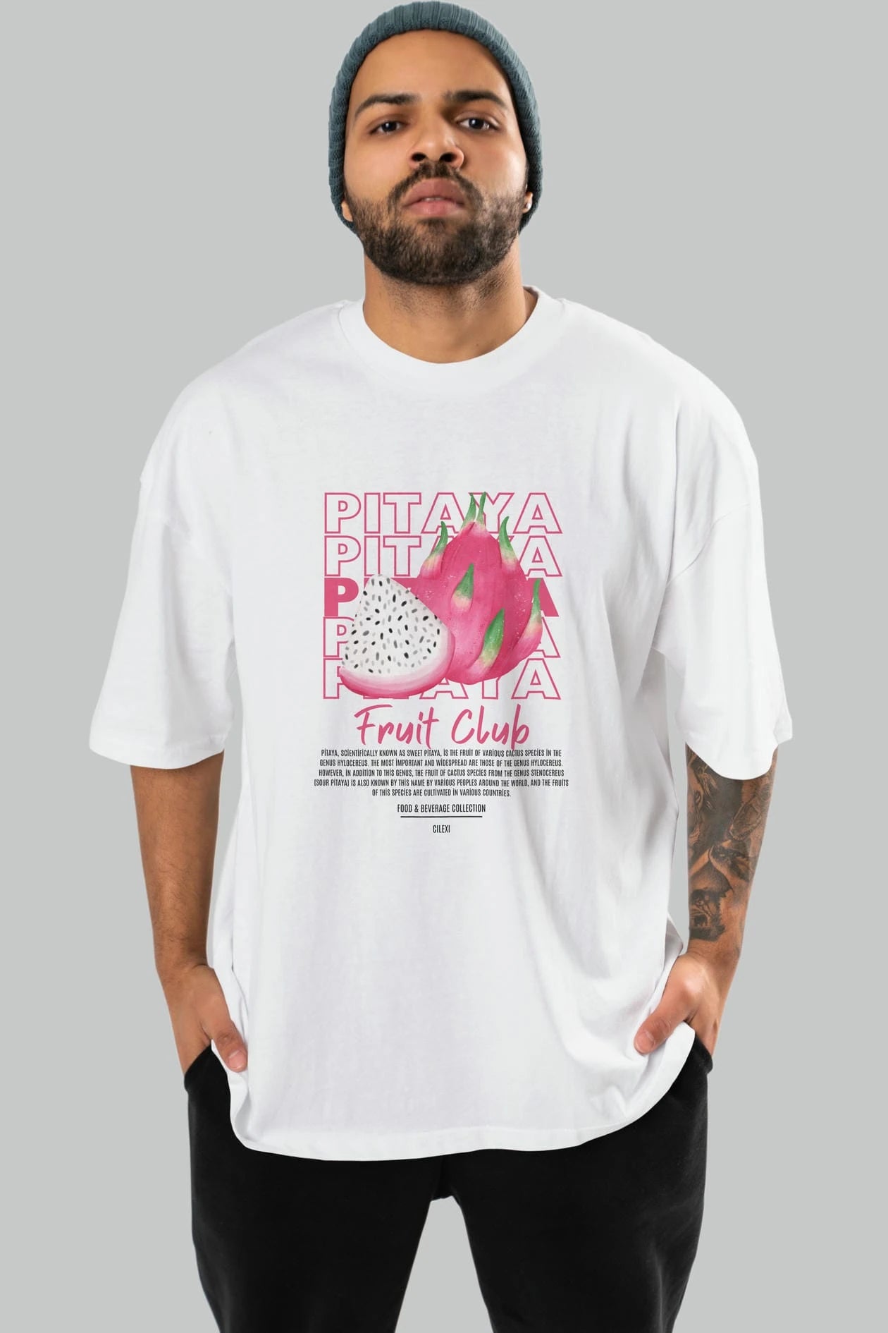 Pitaya Ön Baskılı Oversize t-shirt Erkek Kadın Pamuk Bisiklet Yaka tişort