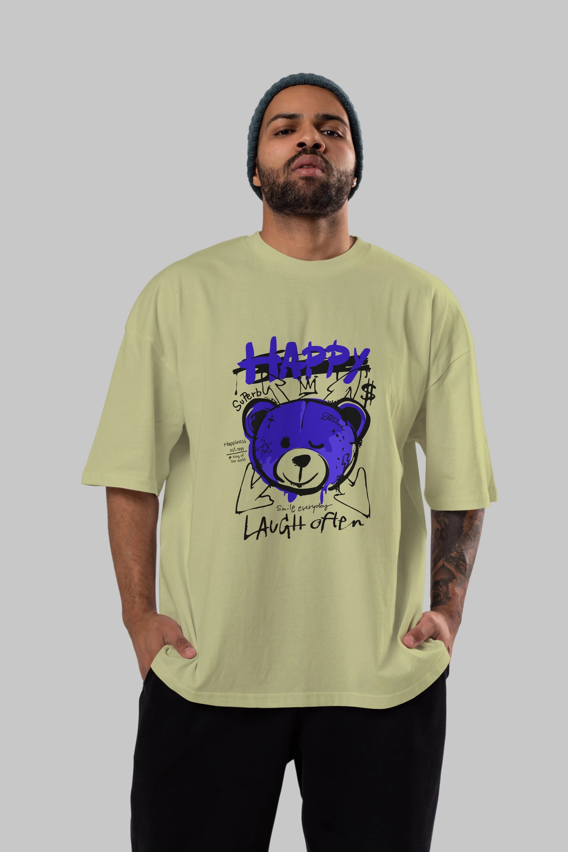 Happy Bear Ön Baskılı Oversize t-shirt Erkek Kadın Unisex