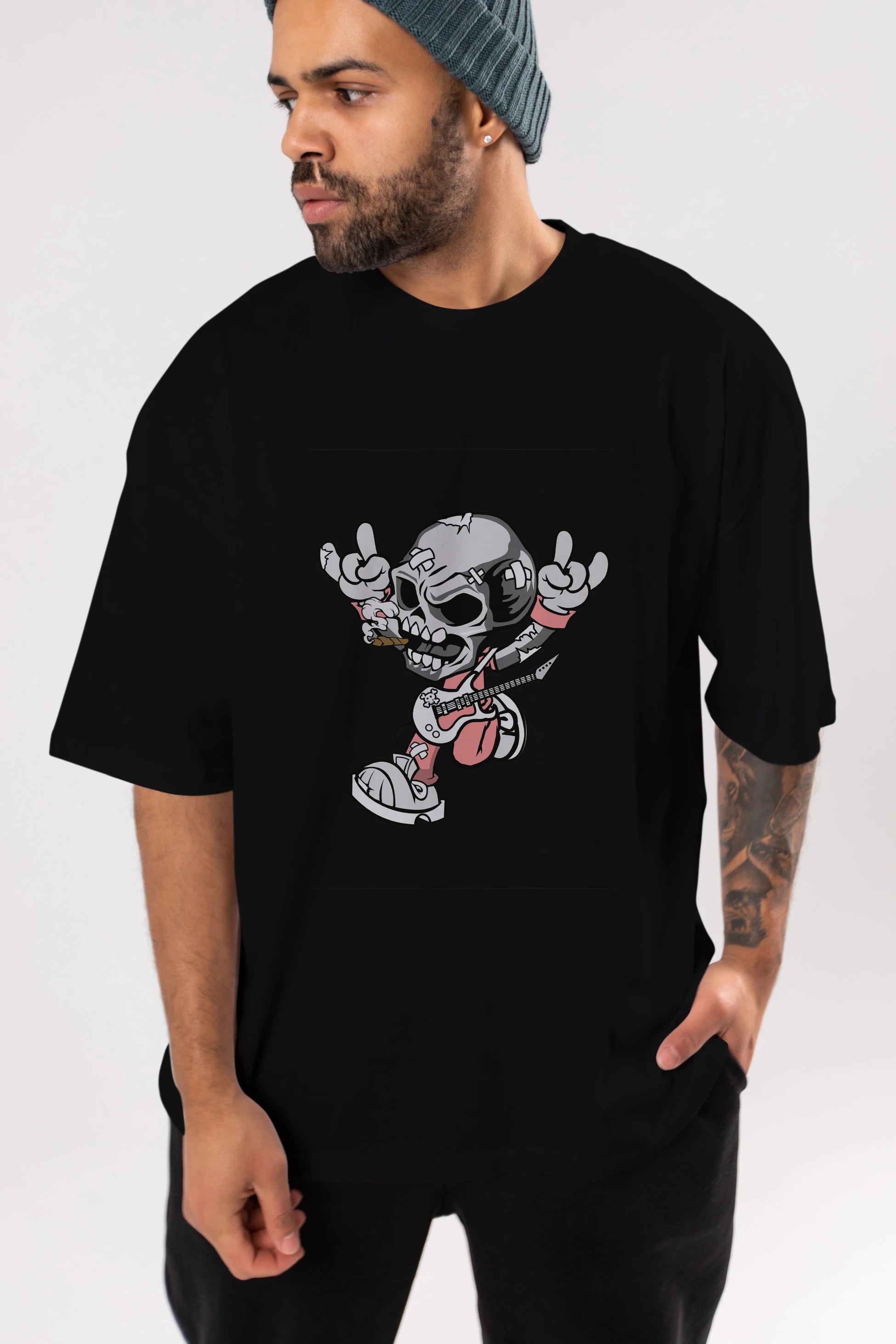 Skull Metal Sign Ön Baskılı Oversize t-shirt Erkek Kadın Unisex %100 Pamuk tişort