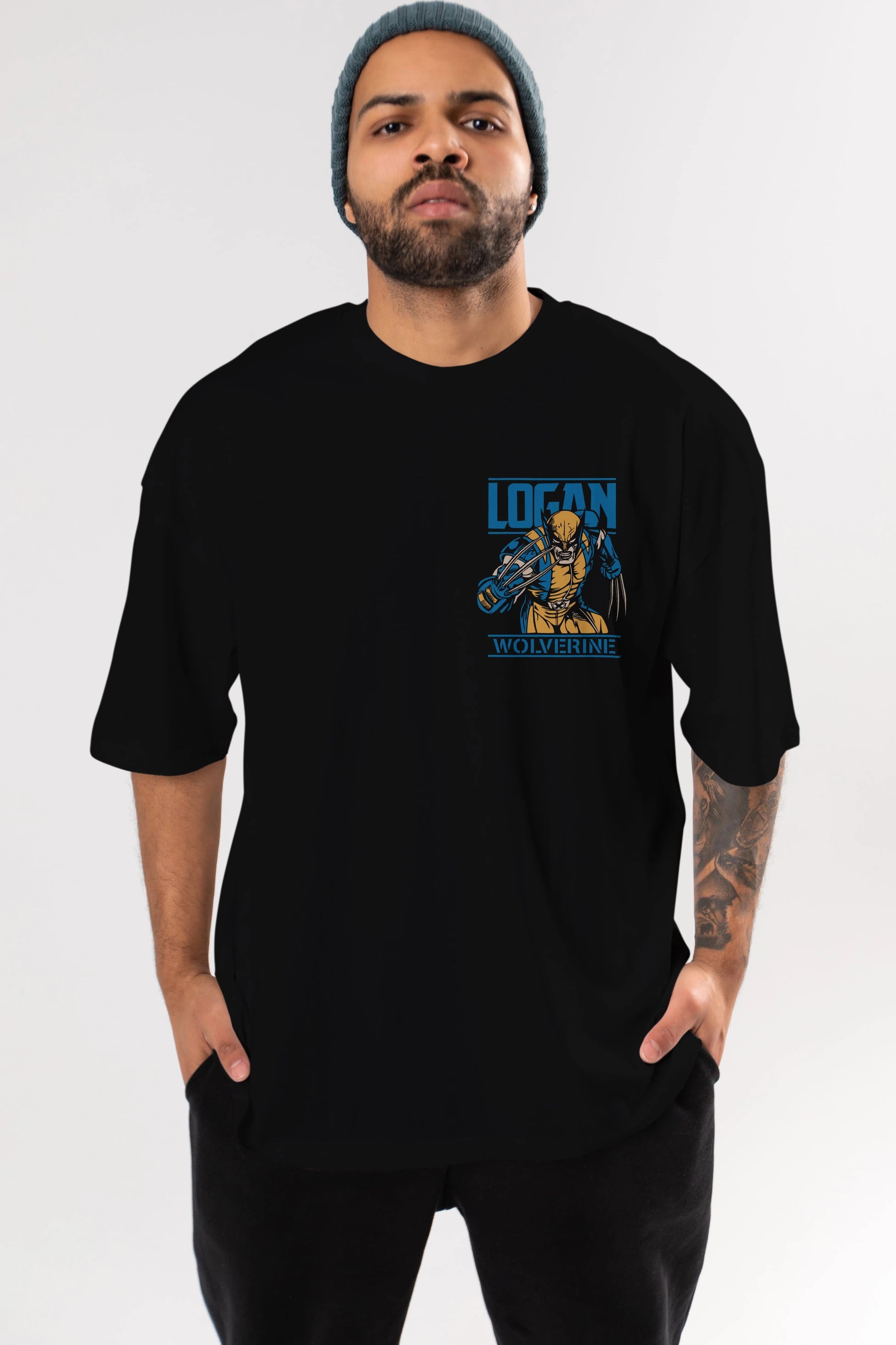 Wolverine Logan Ön Sol Baskılı Oversize t-shirt Erkek Kadın Unisex %100 Pamuk Bisiklet Yaka tişort