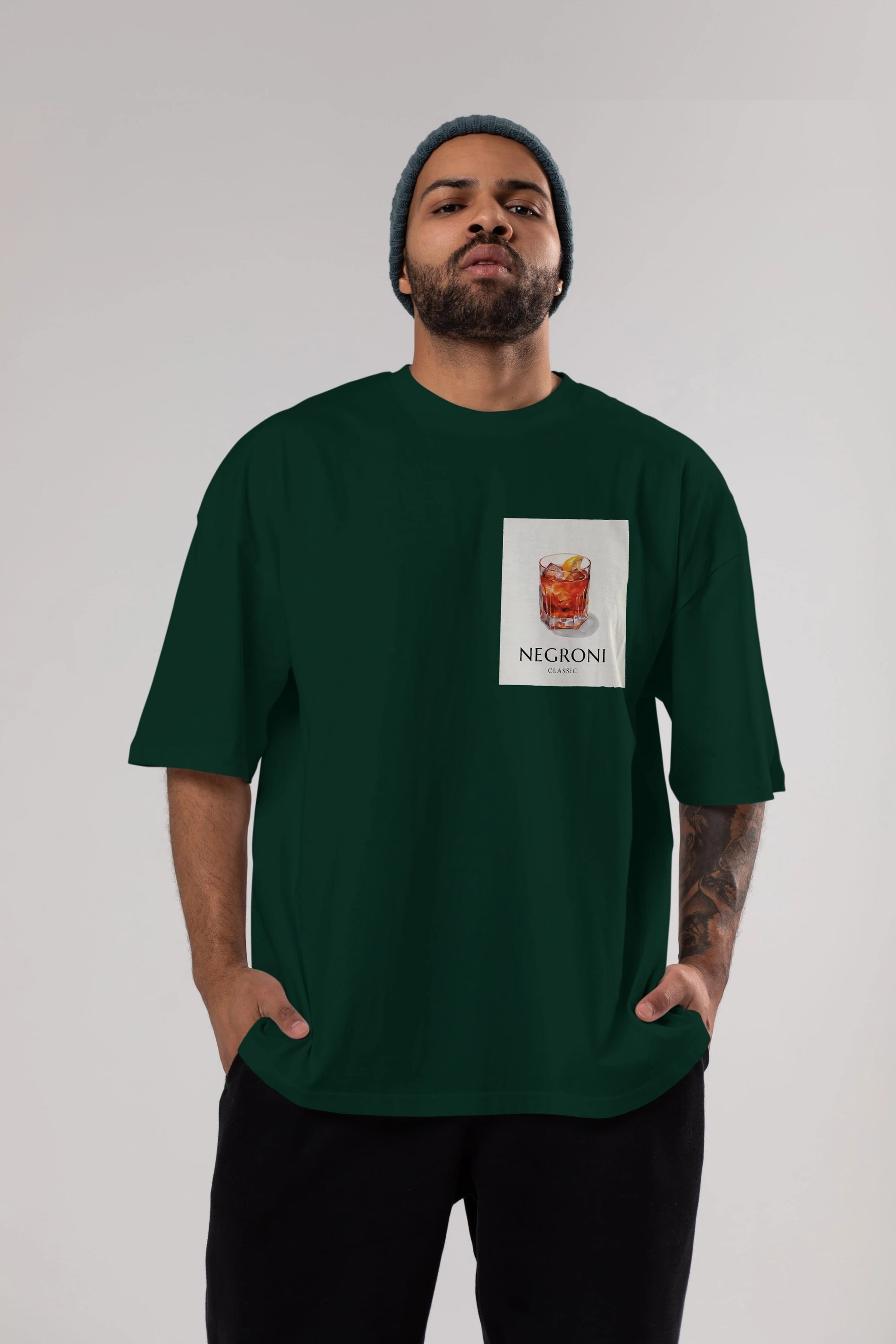 Negroni Classic Ön Sol Baskılı Oversize t-shirt Erkek Kadın Unisex %100 Pamuk Bisiklet Yaka tişort
