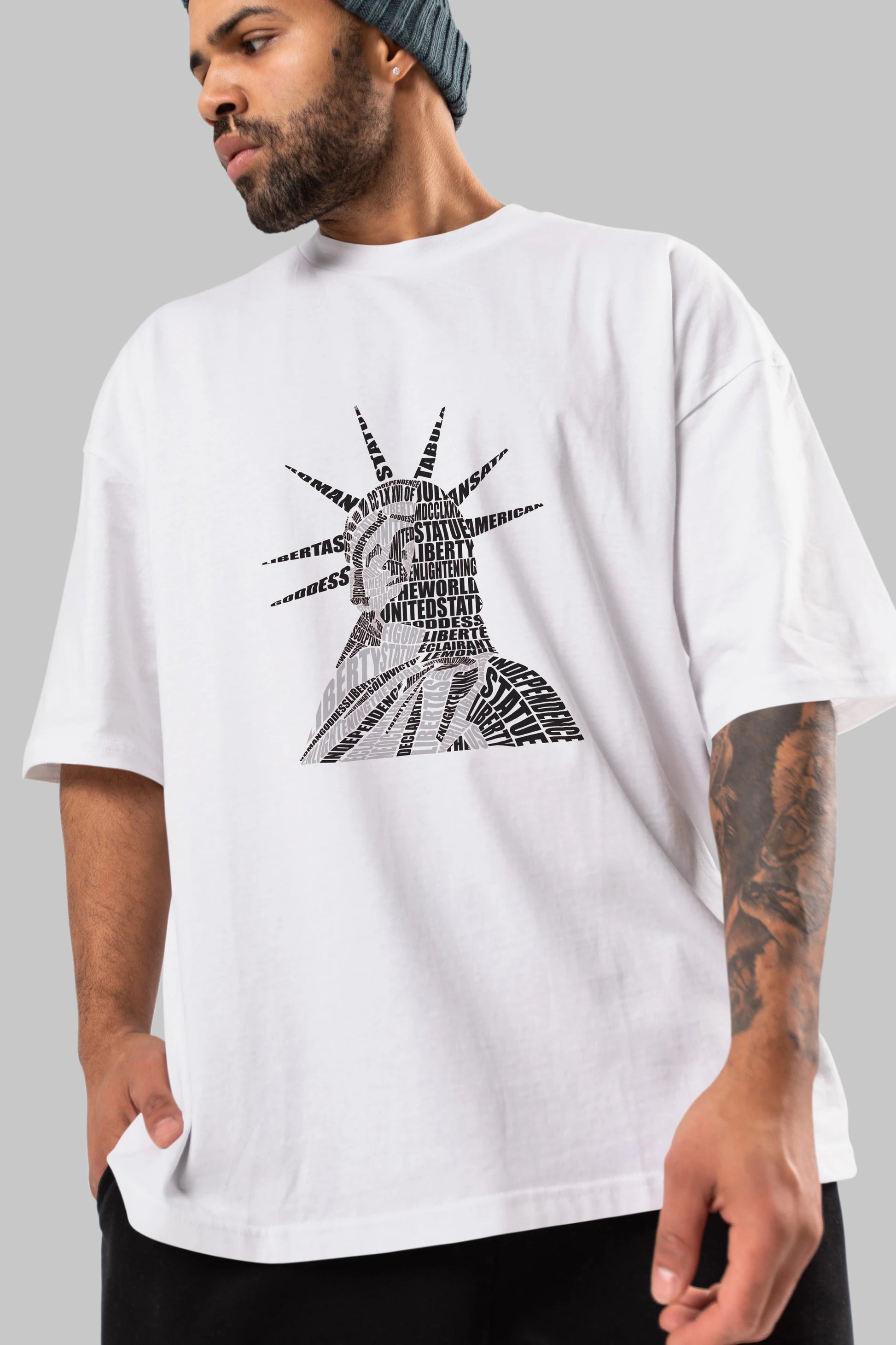 Liberty Statue Calligram Ön Baskılı Oversize t-shirt %100 pamuk Erkek Kadın Unisex