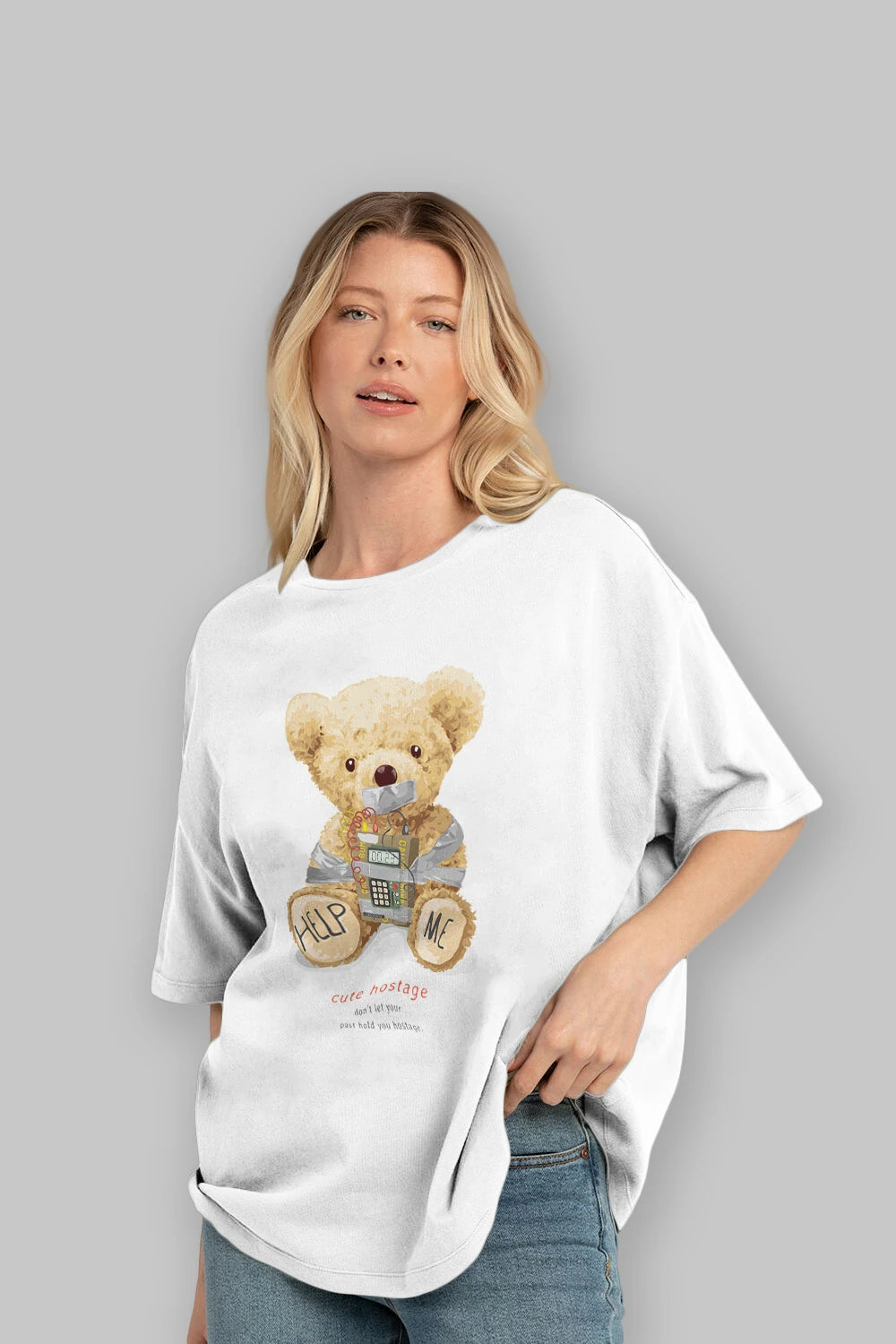 Teddy Bear Help Me Ön Baskılı Oversize t-shirt Erkek Kadın Unisex %100 Pamuk