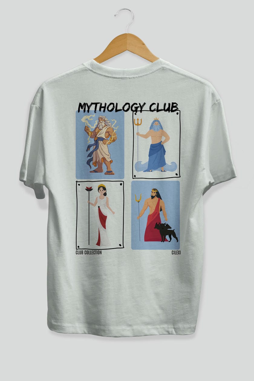 Mythology Club 2 Arka Baskılı Oversize t-shirt Erkek Kadın %100 Pamuk Bisiklet Yaka tişort